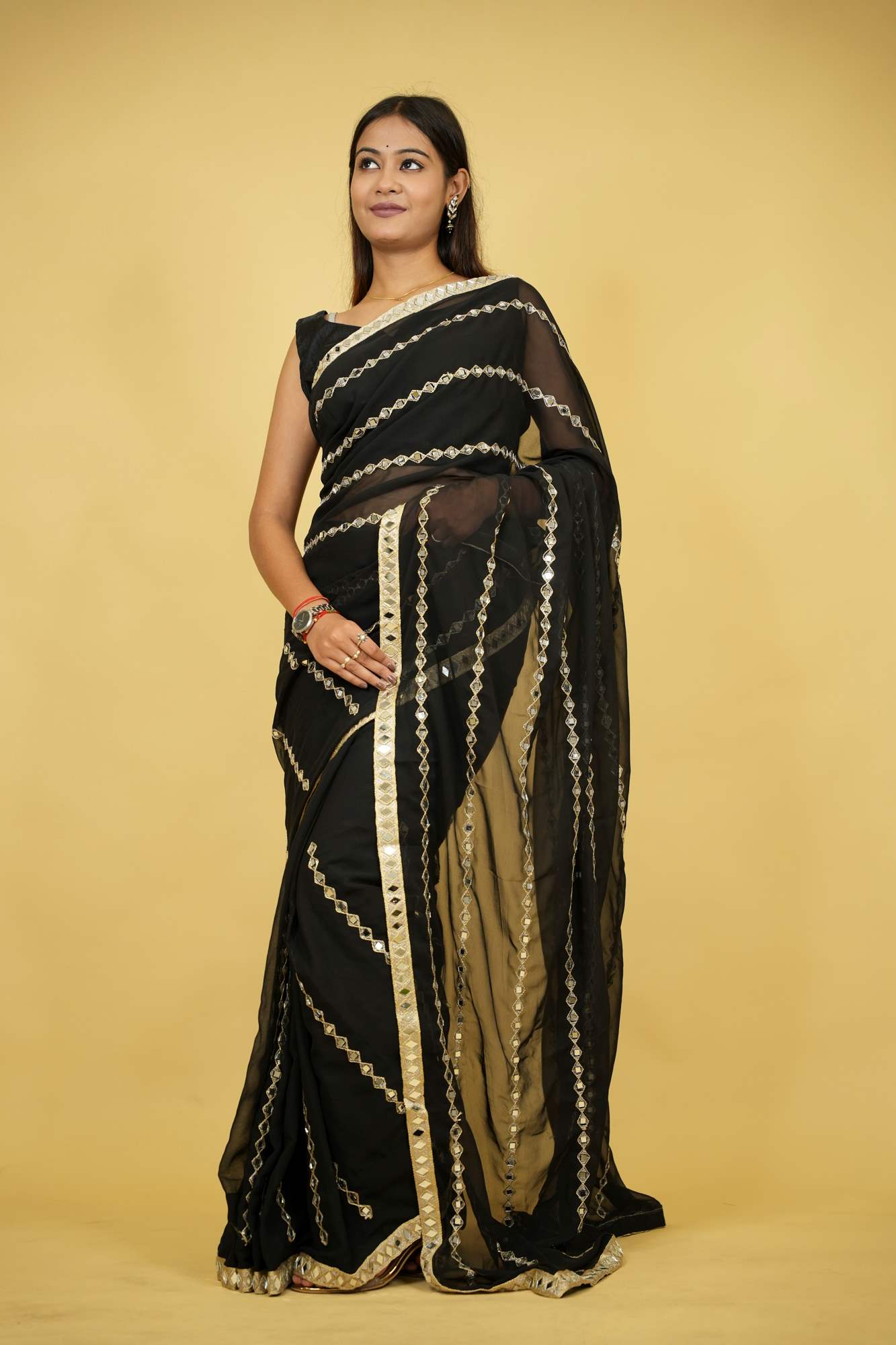 Mirror & Embroidery Work Georgette Ready To Wear Saree