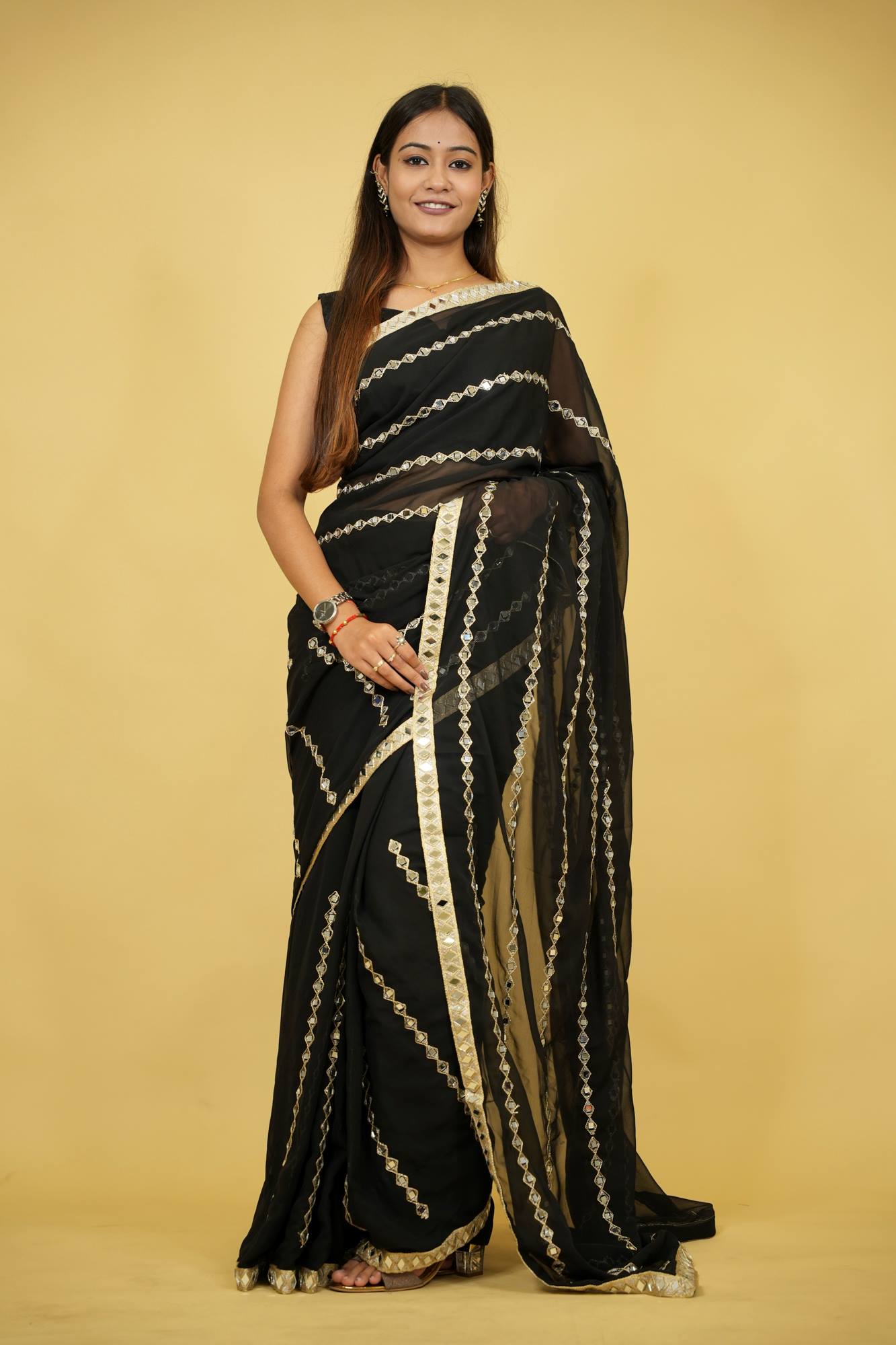 Mirror & Embroidery Work Georgette Ready To Wear Saree