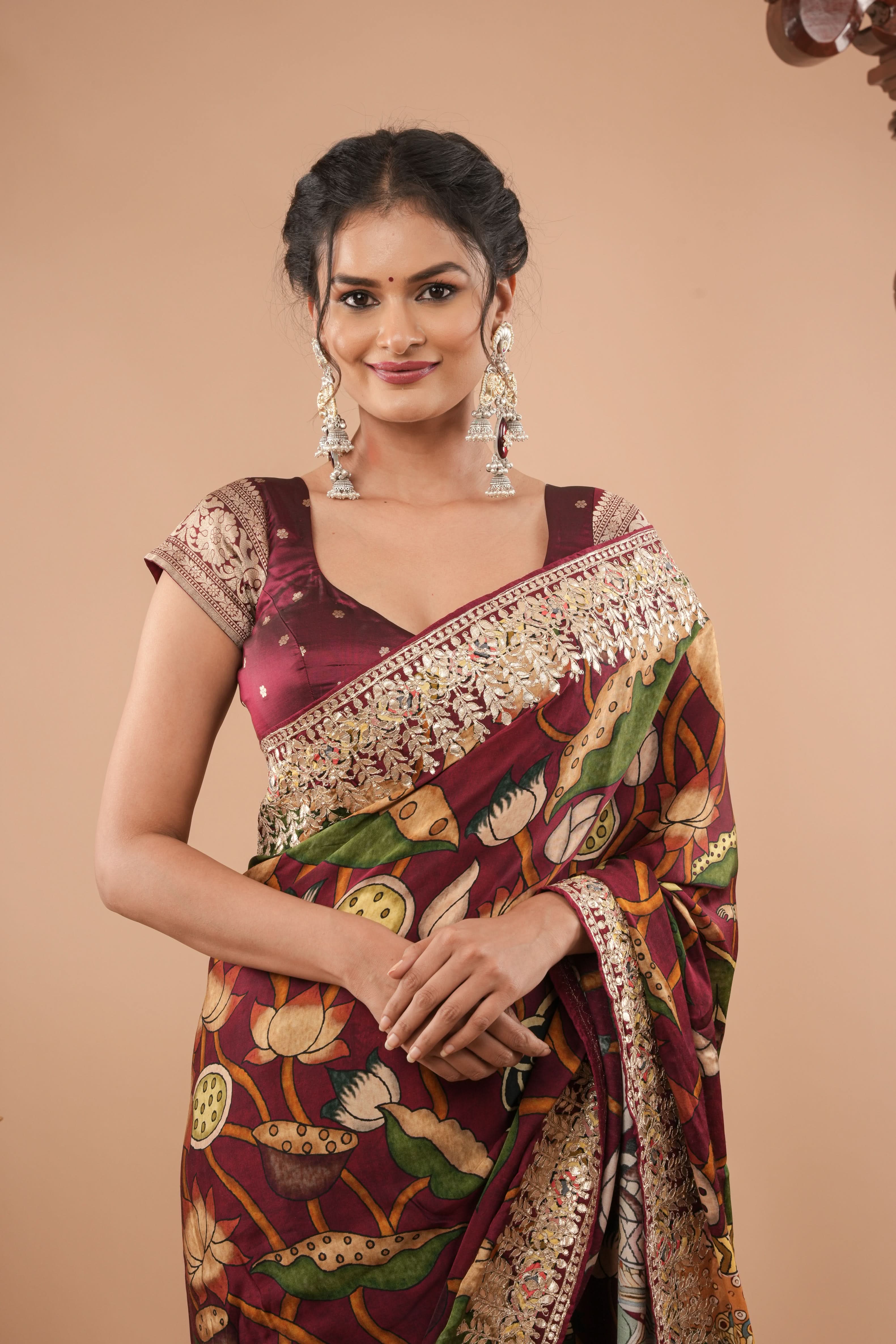 Banarasi Pure Silk Blouse In Maroon With Buttas And Short Sleeves, Customizable, Made to Order | Shobitam