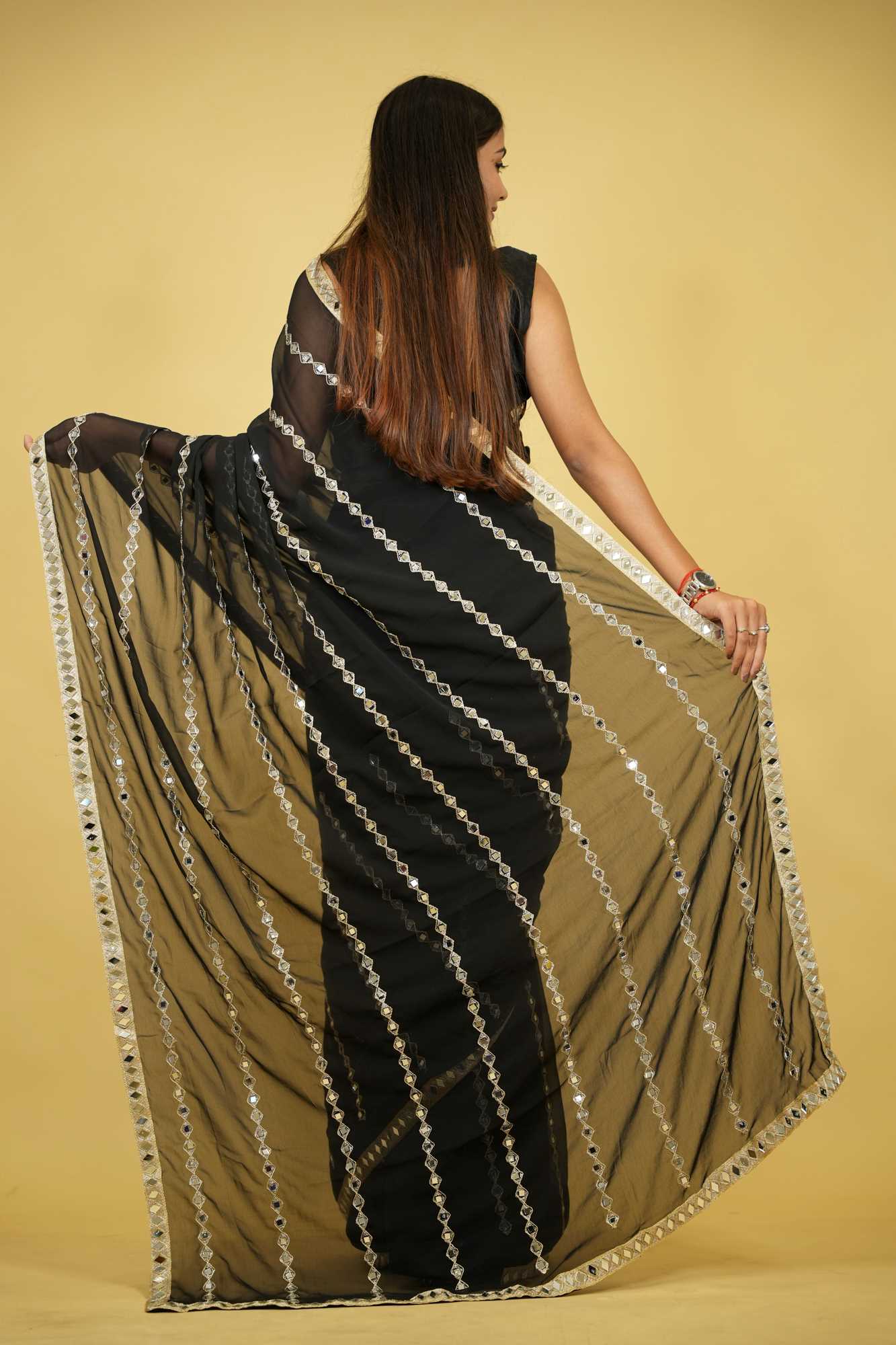 Mirror & Embroidery Work Georgette Ready To Wear Saree