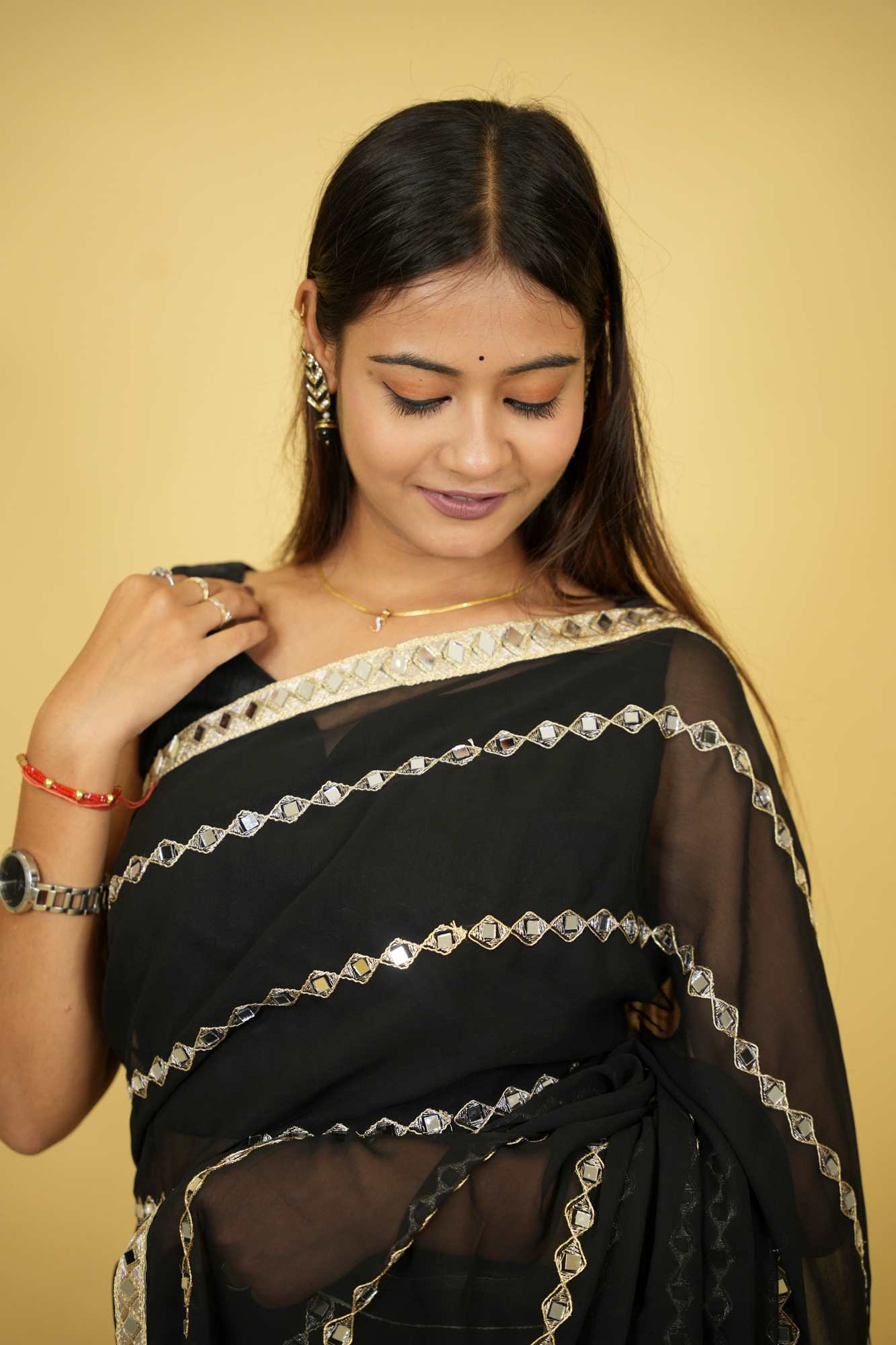 Mirror & Embroidery Work Georgette Ready To Wear Saree