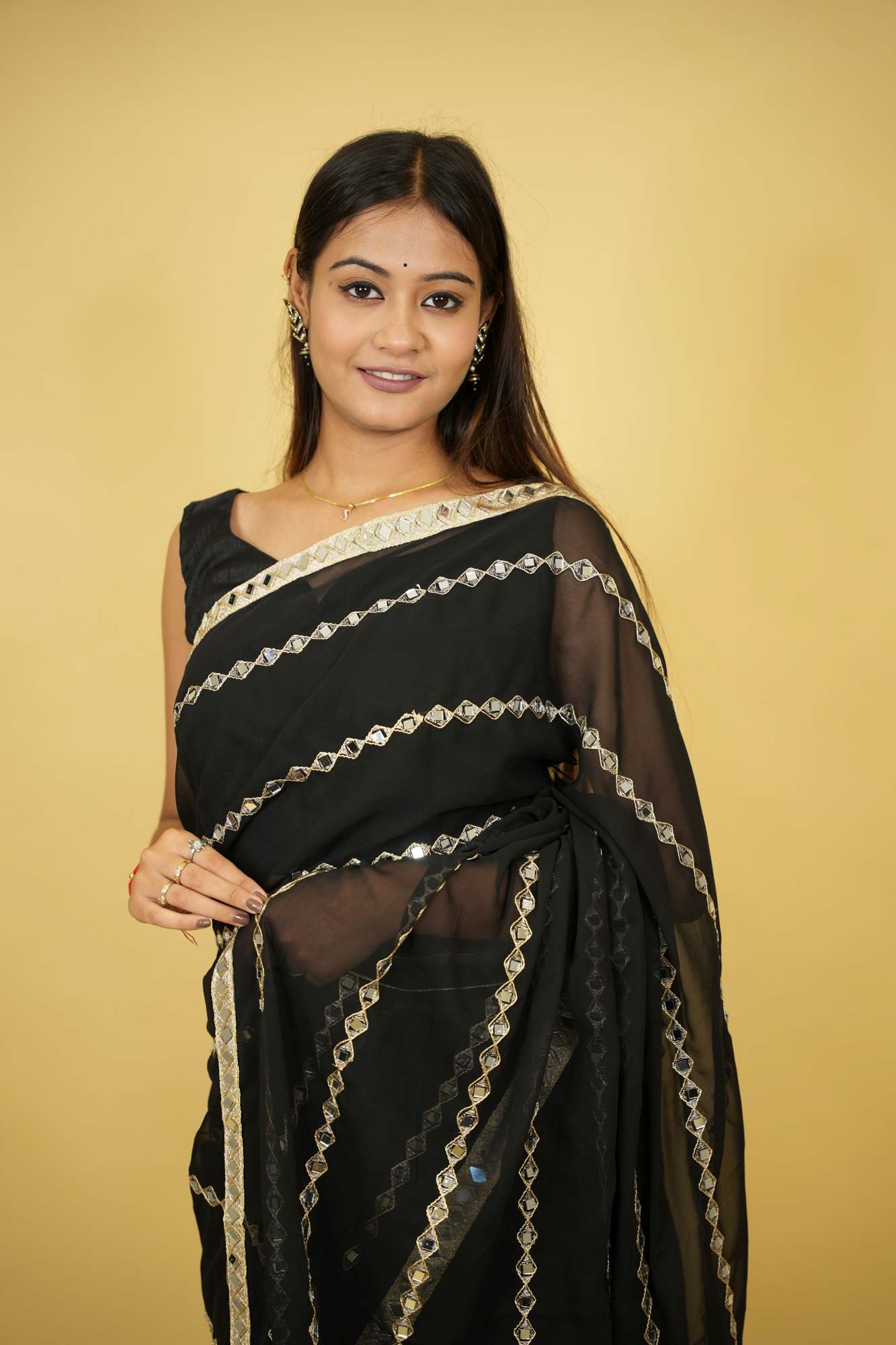 Mirror & Embroidery Work Georgette Ready To Wear Saree