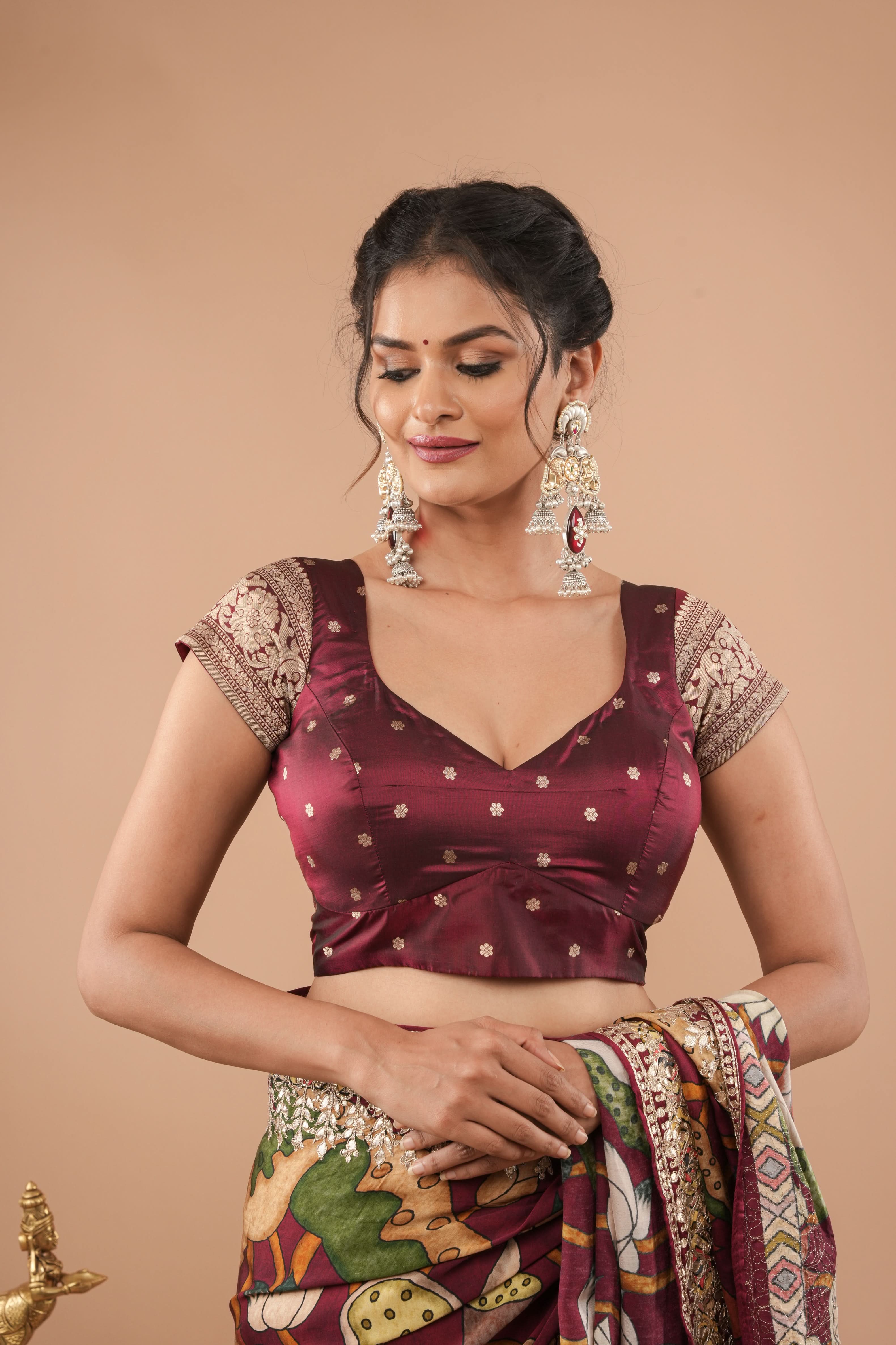 Banarasi Pure Silk Blouse In Maroon With Buttas And Short Sleeves, Customizable, Made to Order | Shobitam