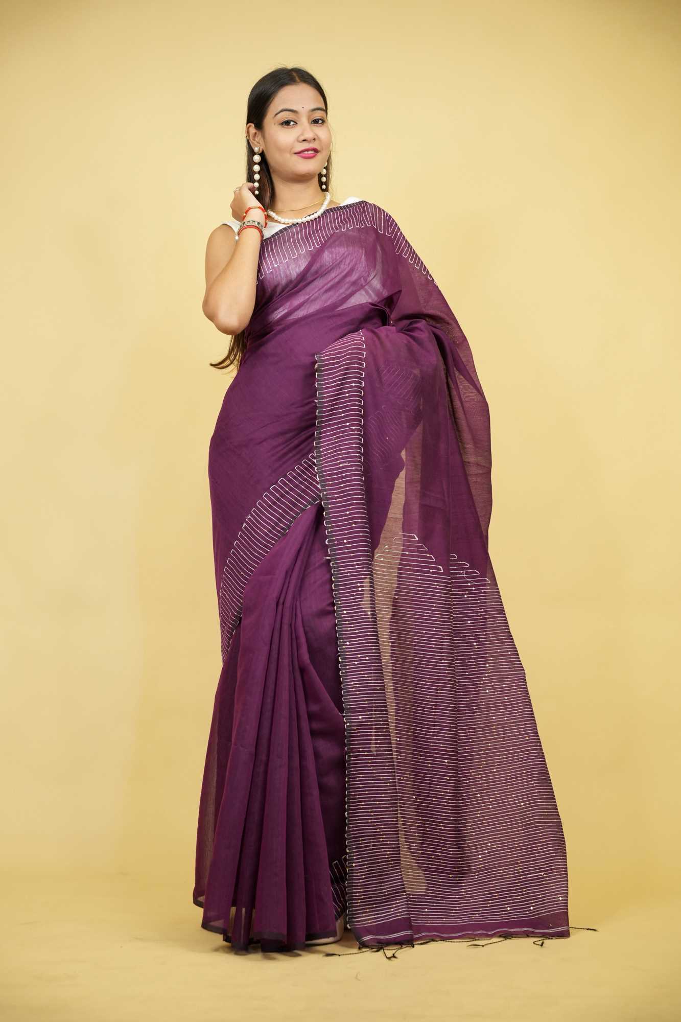 Purple Cotton Silk with Sequin-Embellished Pallu & Border Ready To Wear Saree