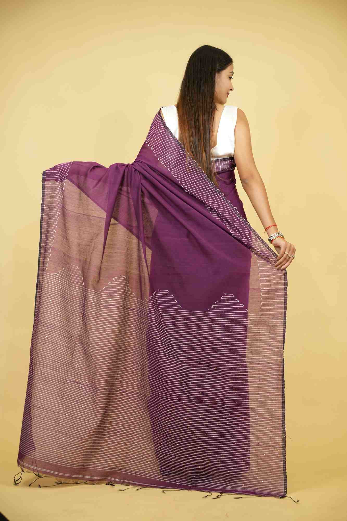 Purple Cotton Silk with Sequin-Embellished Pallu & Border Ready To Wear Saree
