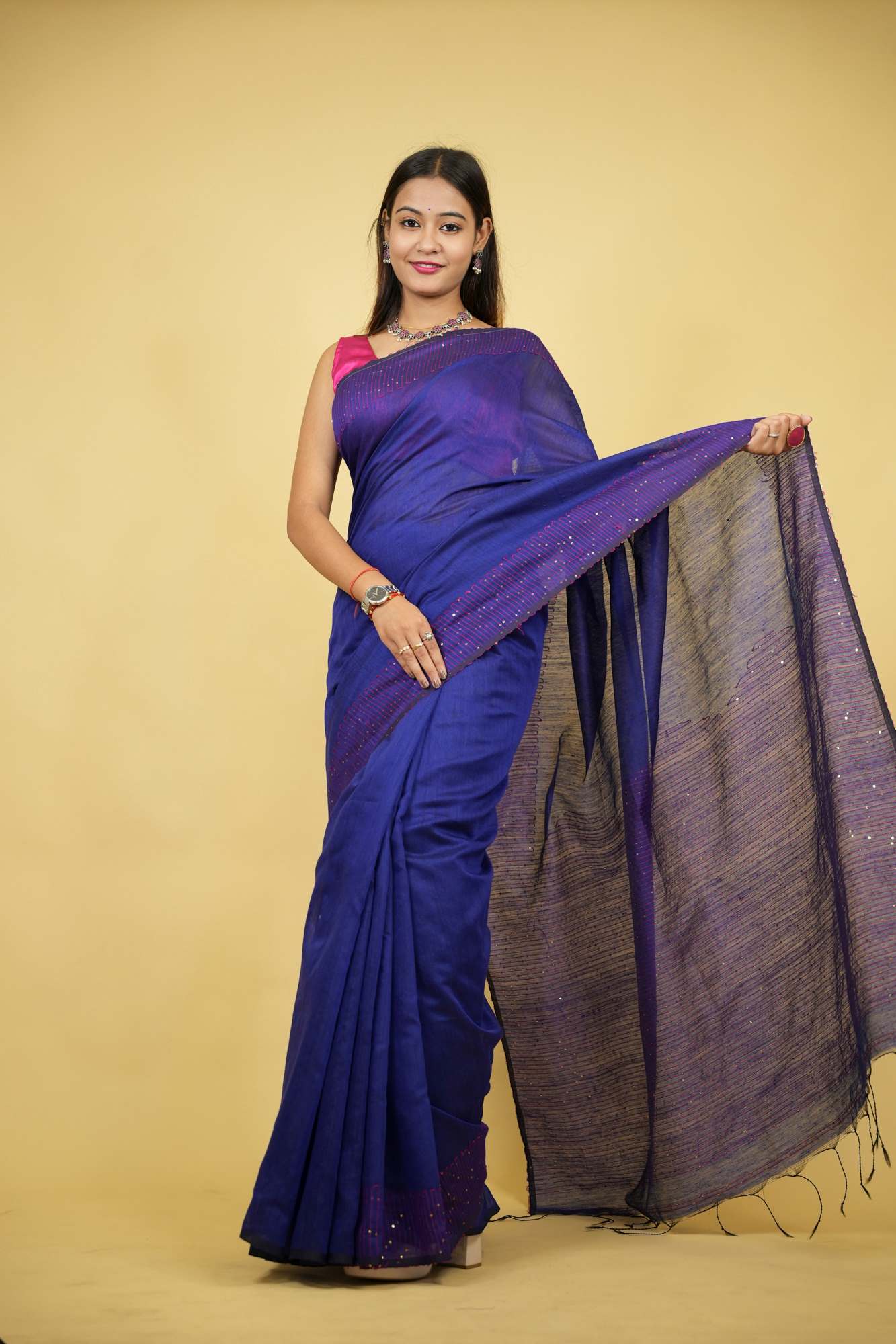 Royal Blue Cotton Silk with Sequin-Embellished Pallu & Border Ready To Wear Saree
