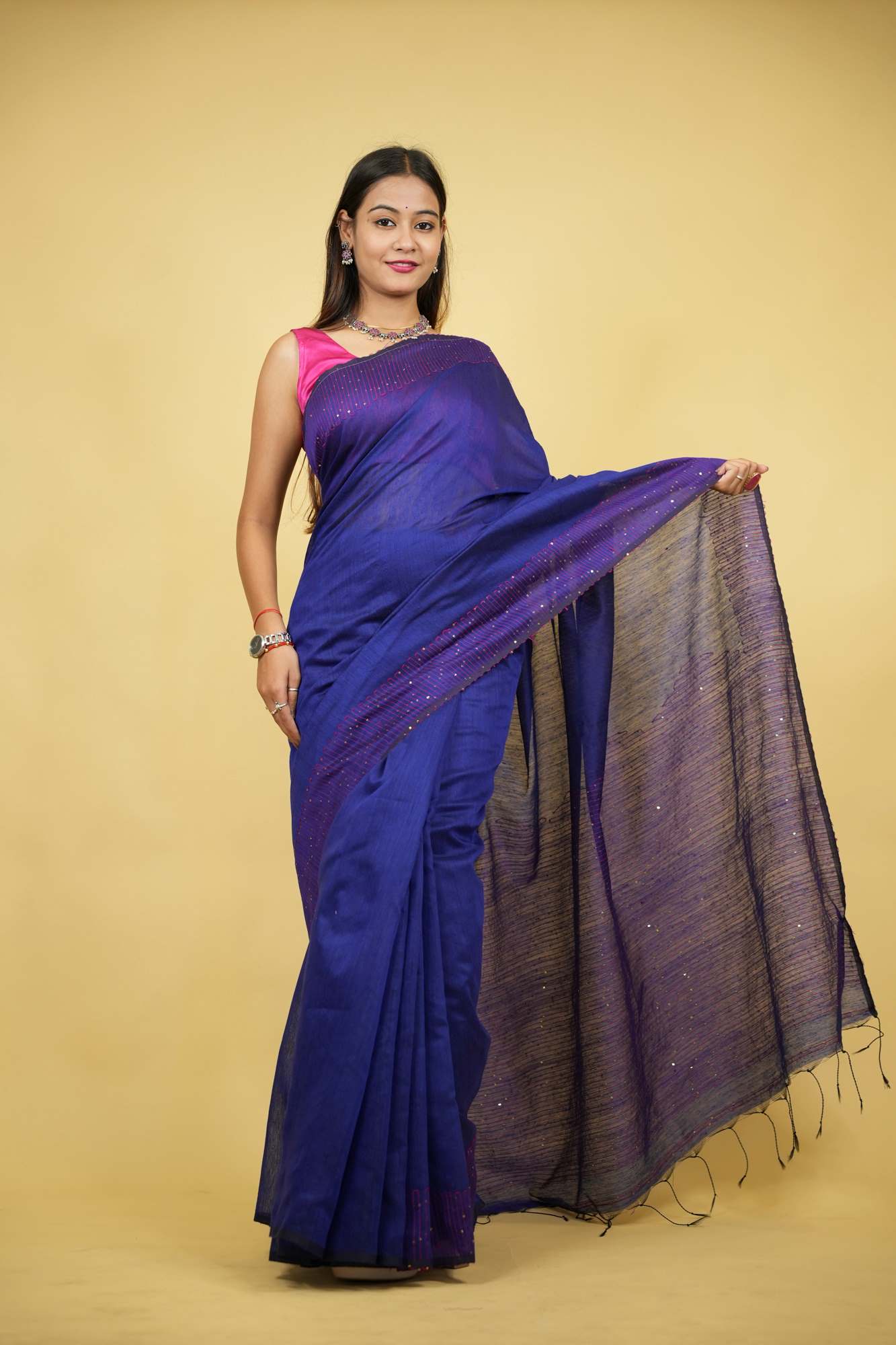 Royal Blue Cotton Silk with Sequin-Embellished Pallu & Border Ready To Wear Saree