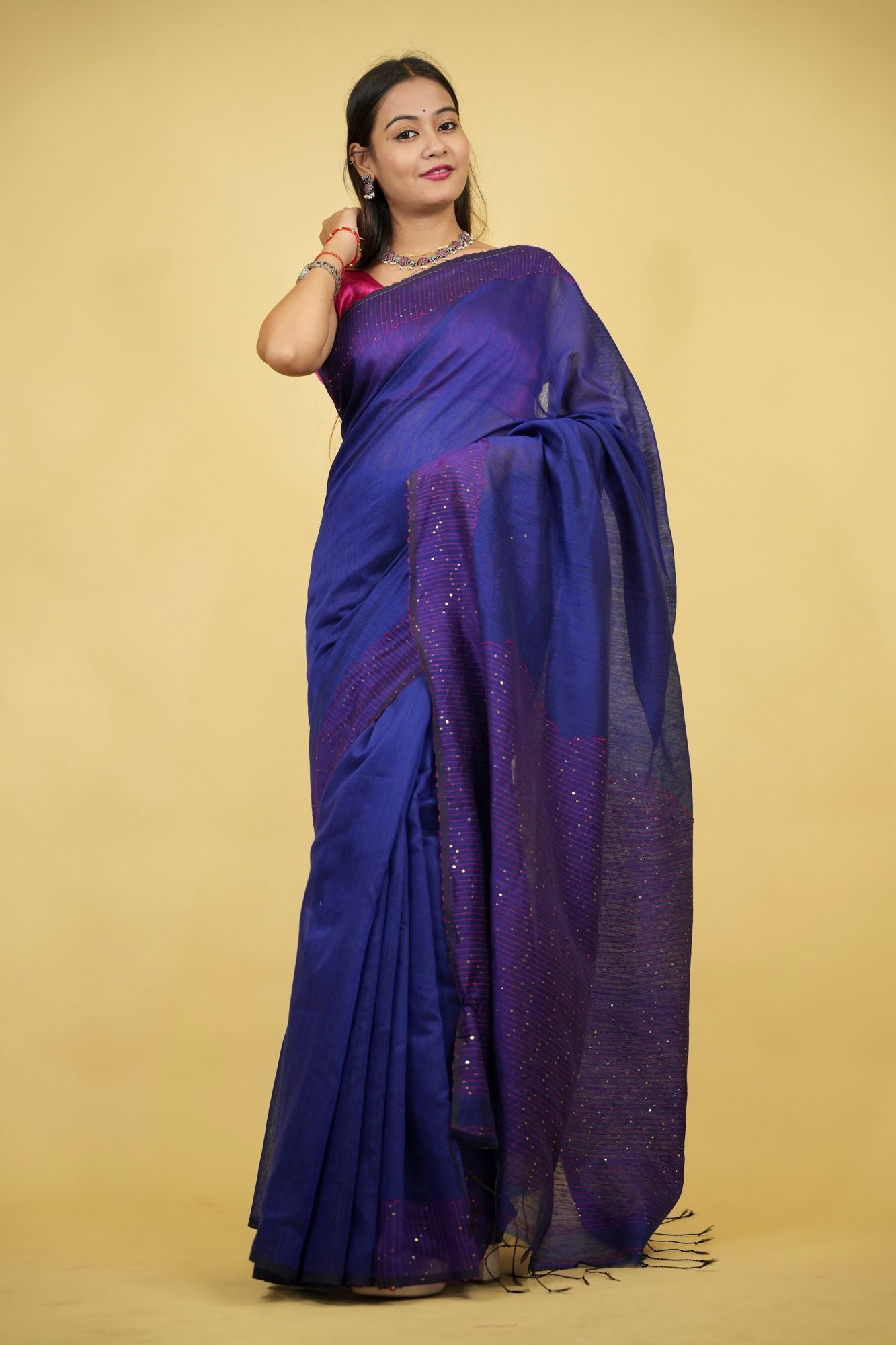 Royal Blue Cotton Silk with Sequin-Embellished Pallu & Border Ready To Wear Saree