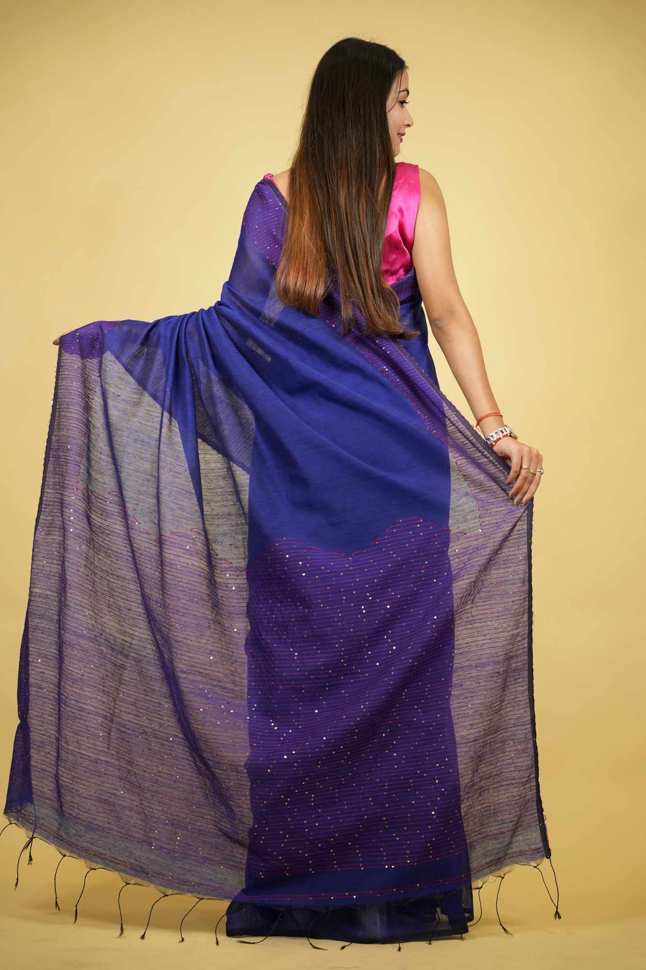 Royal Blue Cotton Silk with Sequin-Embellished Pallu & Border Ready To Wear Saree