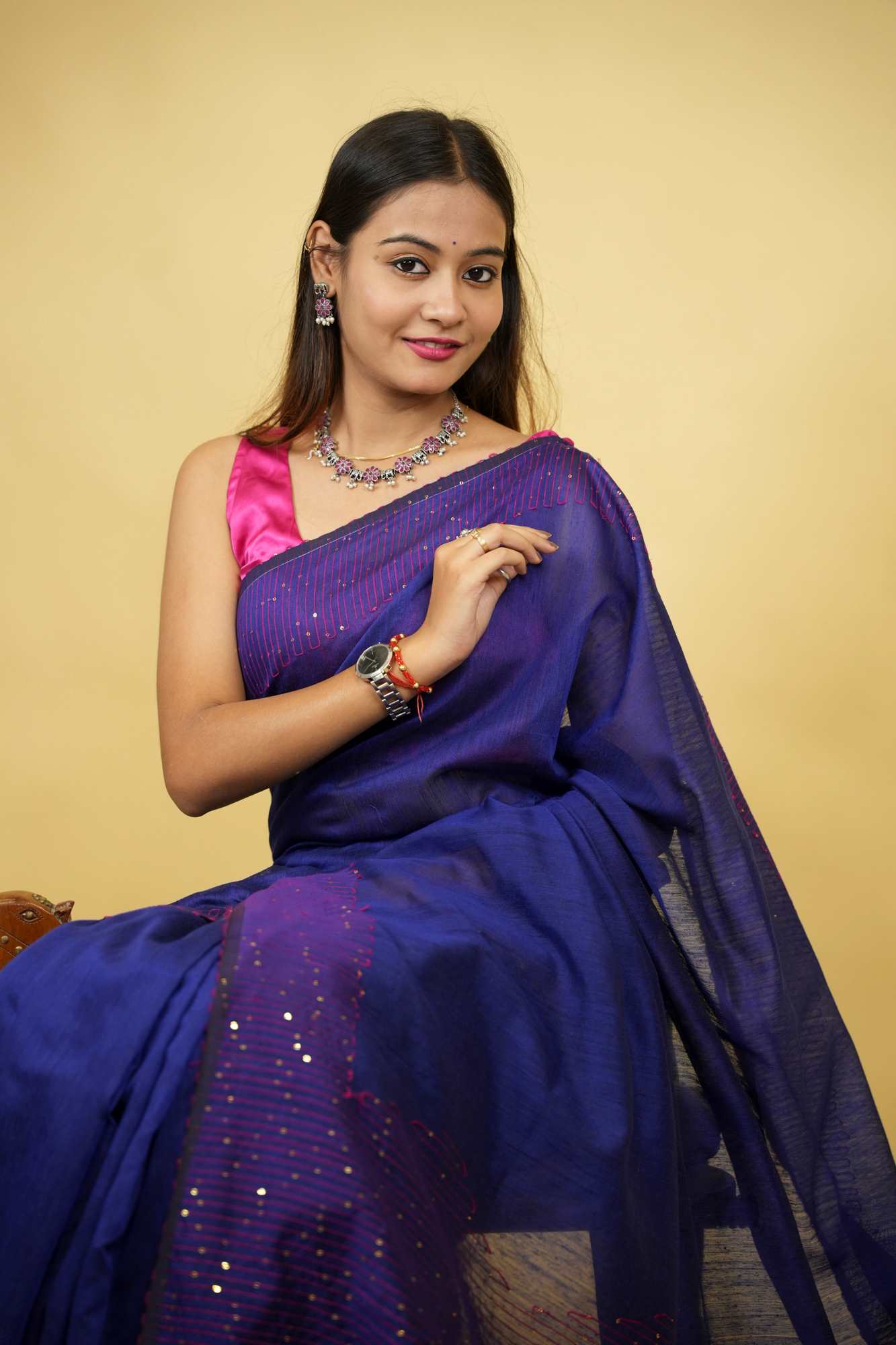 Royal Blue Cotton Silk with Sequin-Embellished Pallu & Border Ready To Wear Saree