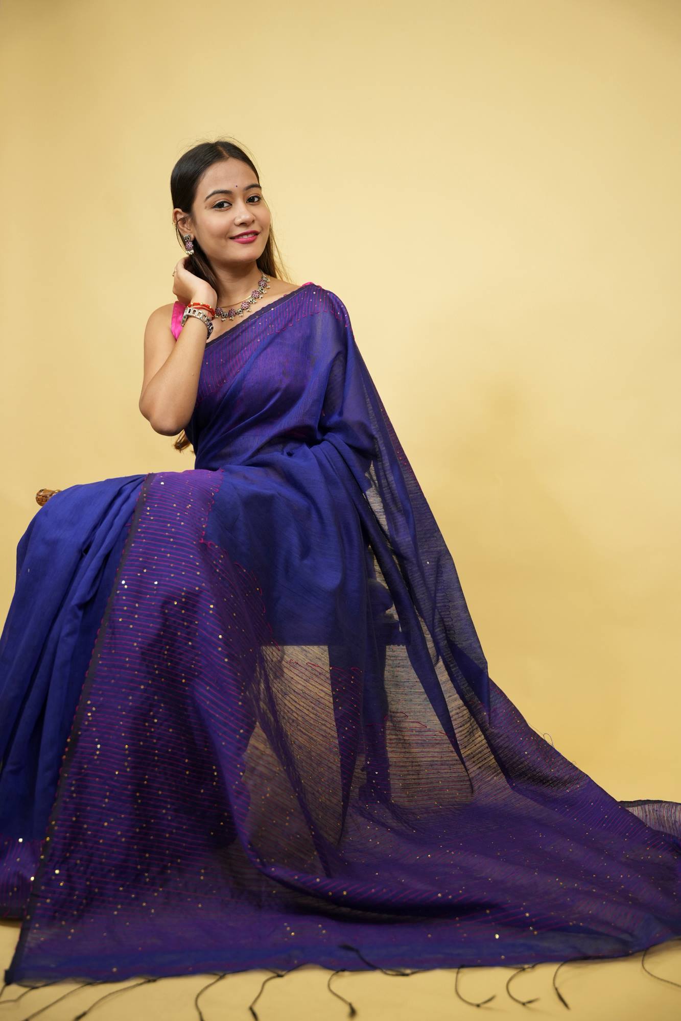 Royal Blue Cotton Silk with Sequin-Embellished Pallu & Border Ready To Wear Saree