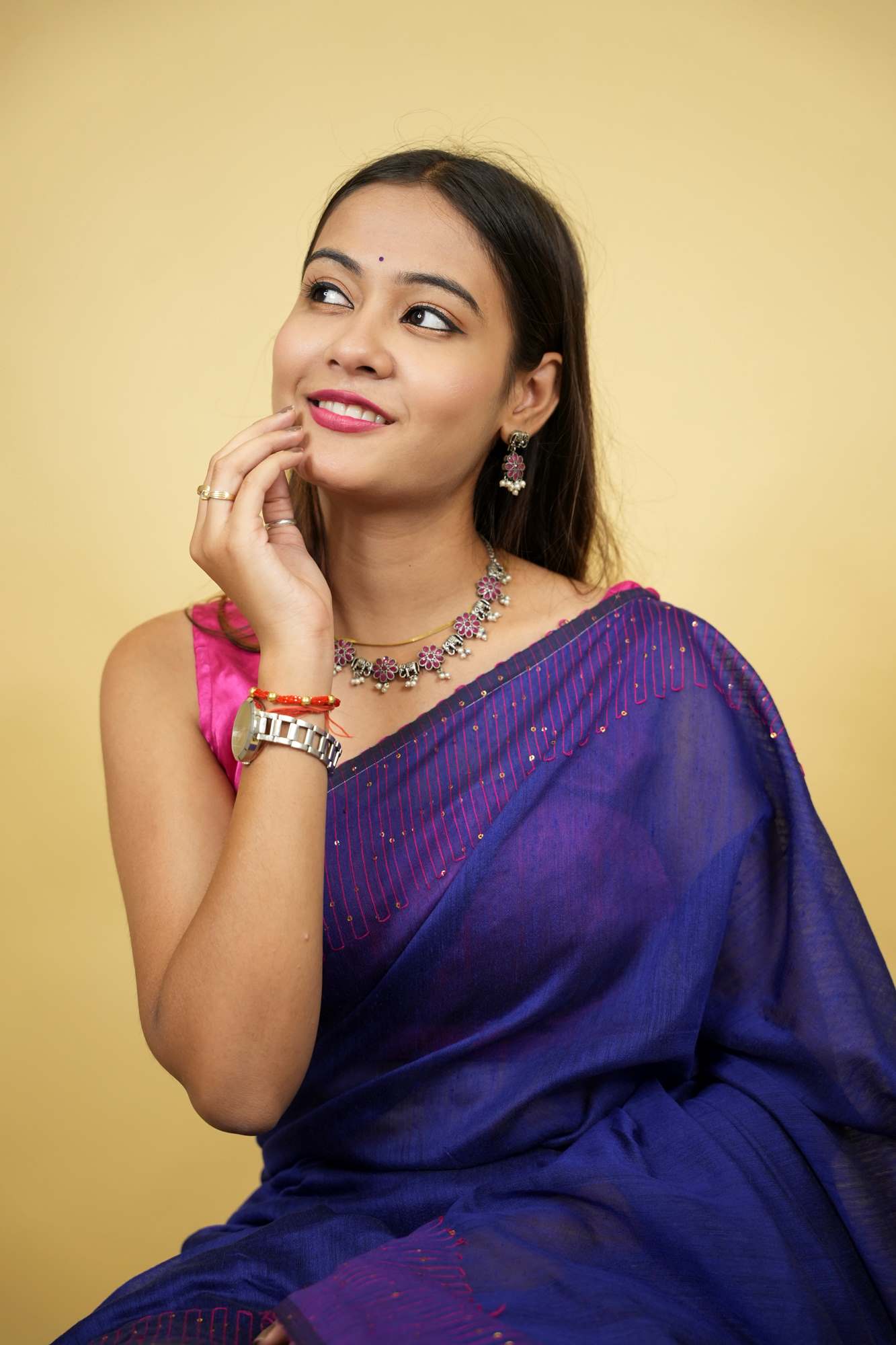 Royal Blue Cotton Silk with Sequin-Embellished Pallu & Border Ready To Wear Saree