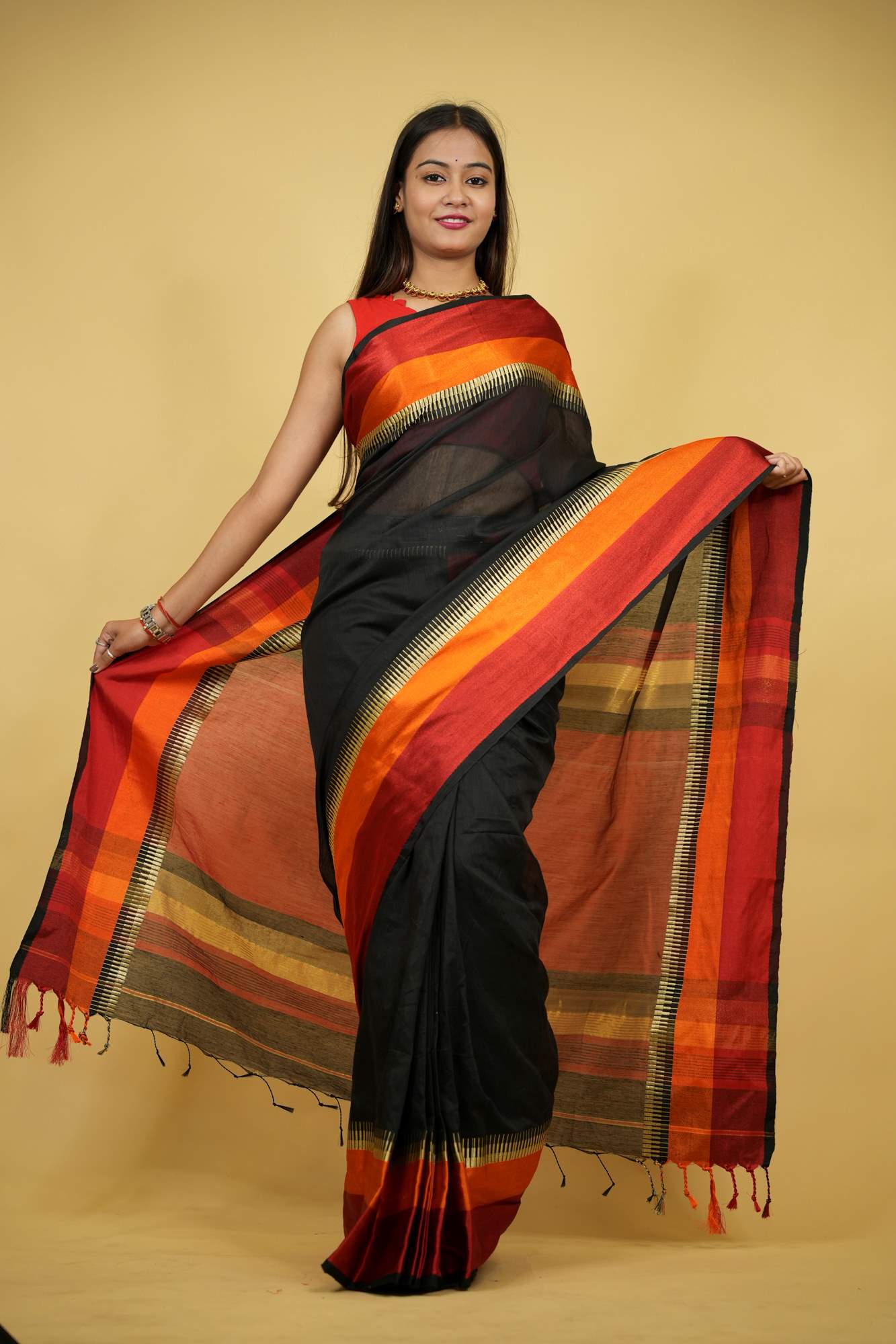 Cotton Silk with Rich Striped Pallu & Dual-Tone Contrast Border Ready To Wear Saree