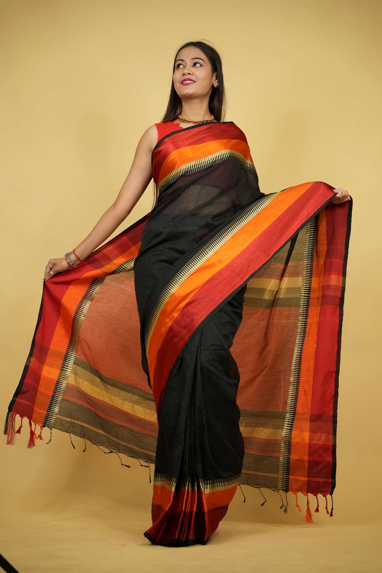 Cotton Silk with Rich Striped Pallu & Dual-Tone Contrast Border Ready To Wear Saree
