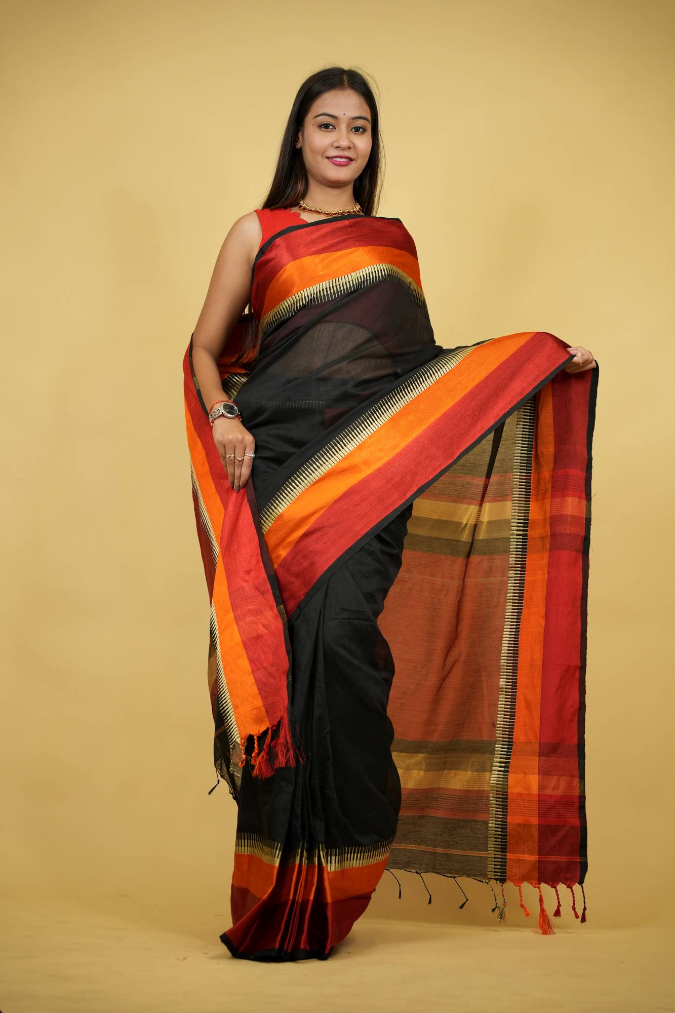 Cotton Silk with Rich Striped Pallu & Dual-Tone Contrast Border Ready To Wear Saree