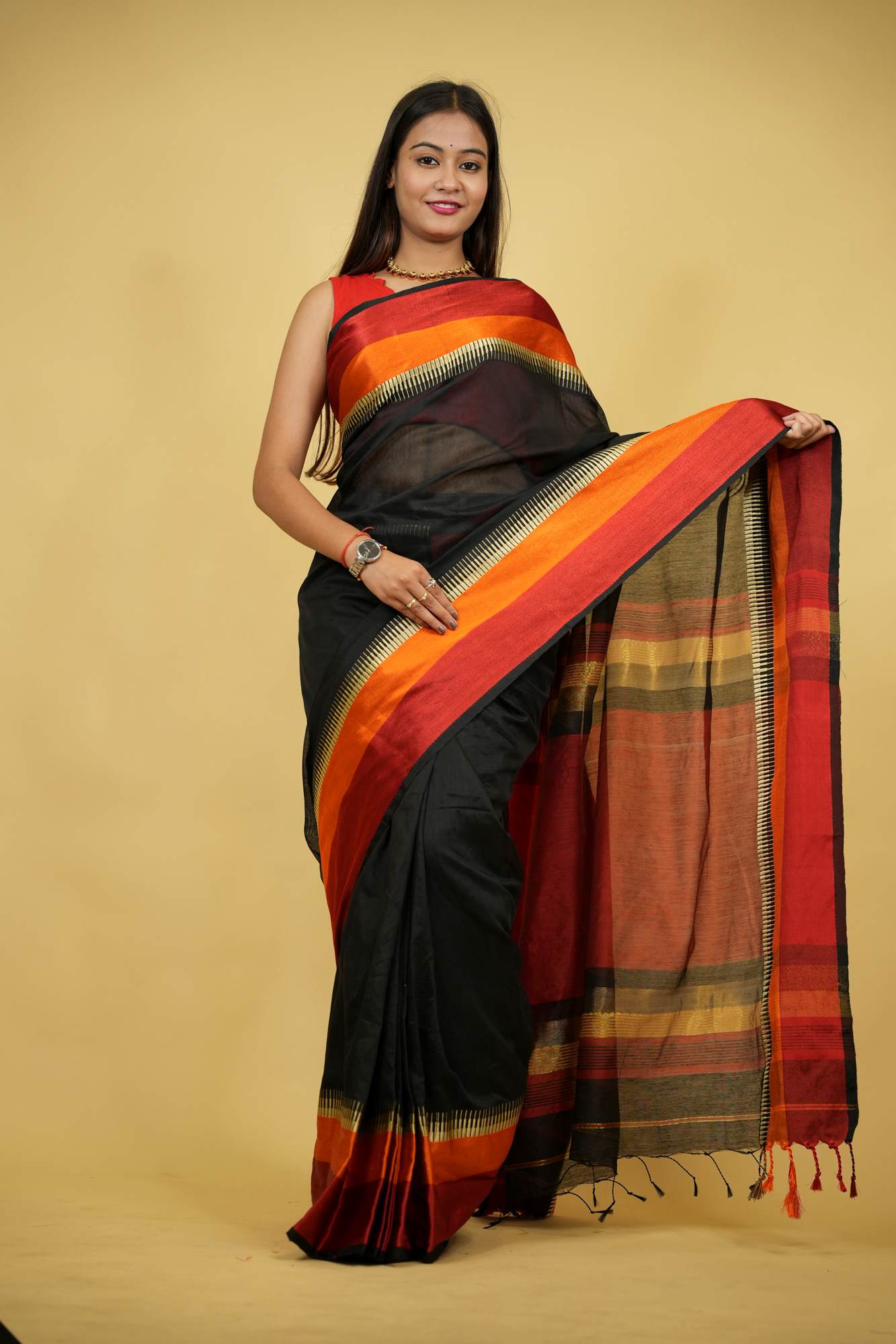 Cotton Silk with Rich Striped Pallu & Dual-Tone Contrast Border Ready To Wear Saree