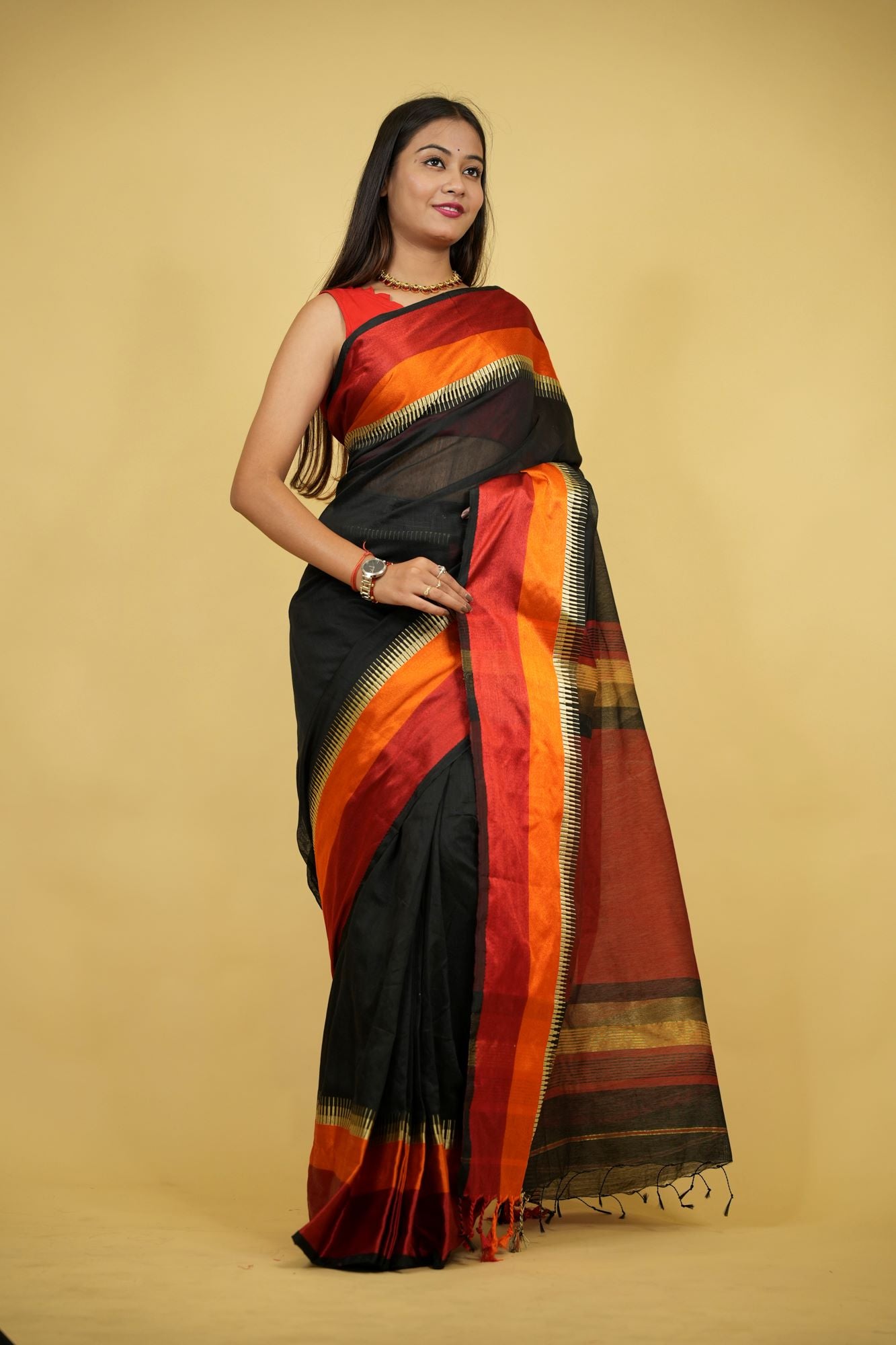 Cotton Silk with Rich Striped Pallu & Dual-Tone Contrast Border Ready To Wear Saree