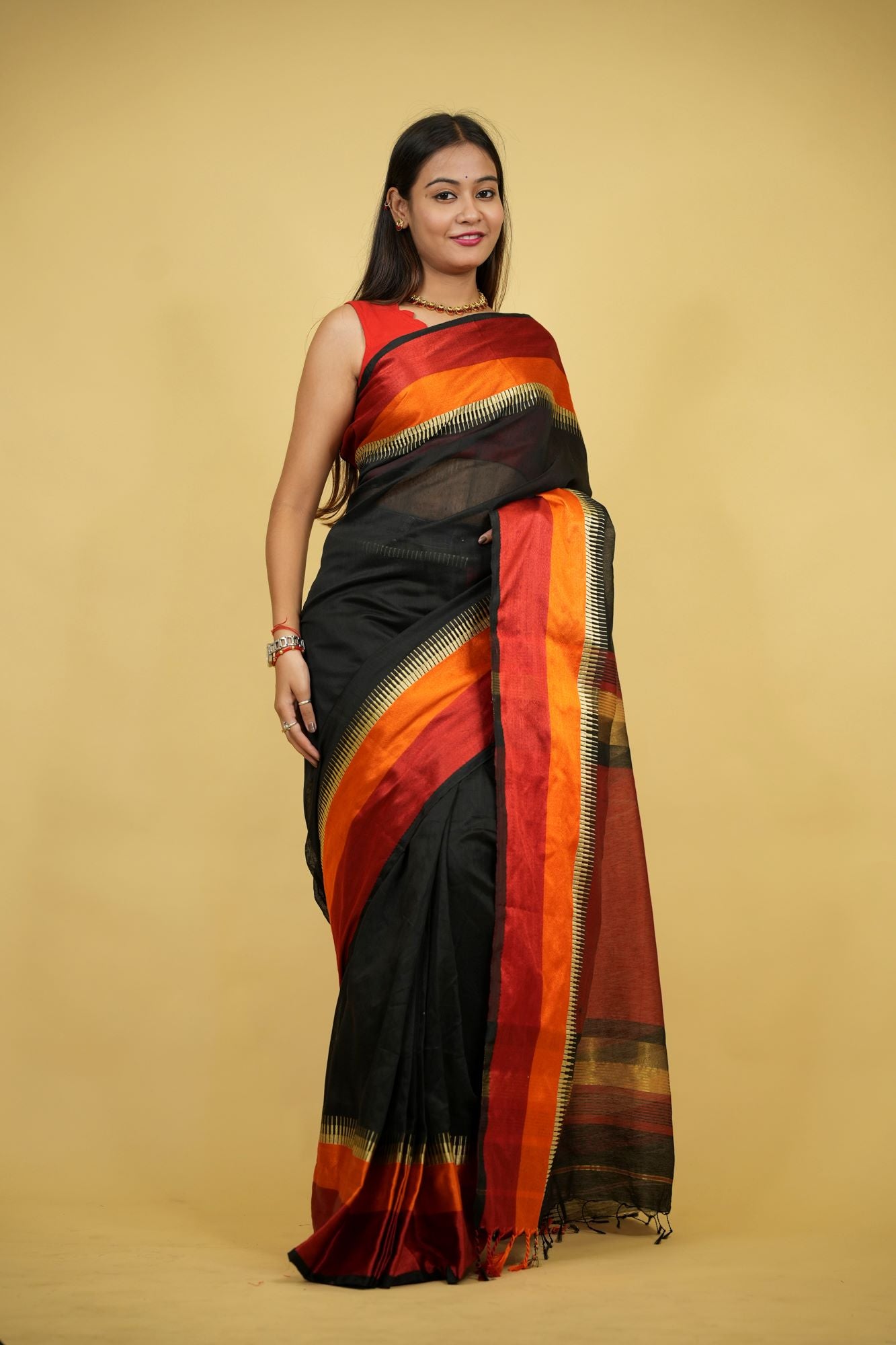 Cotton Silk with Rich Striped Pallu & Dual-Tone Contrast Border Ready To Wear Saree