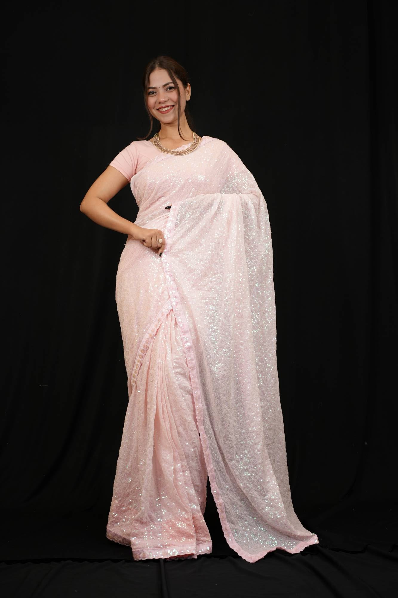 Bollywood celebrity inspired Pink Georgette with Glam Sequin Work Ready To Wear Saree