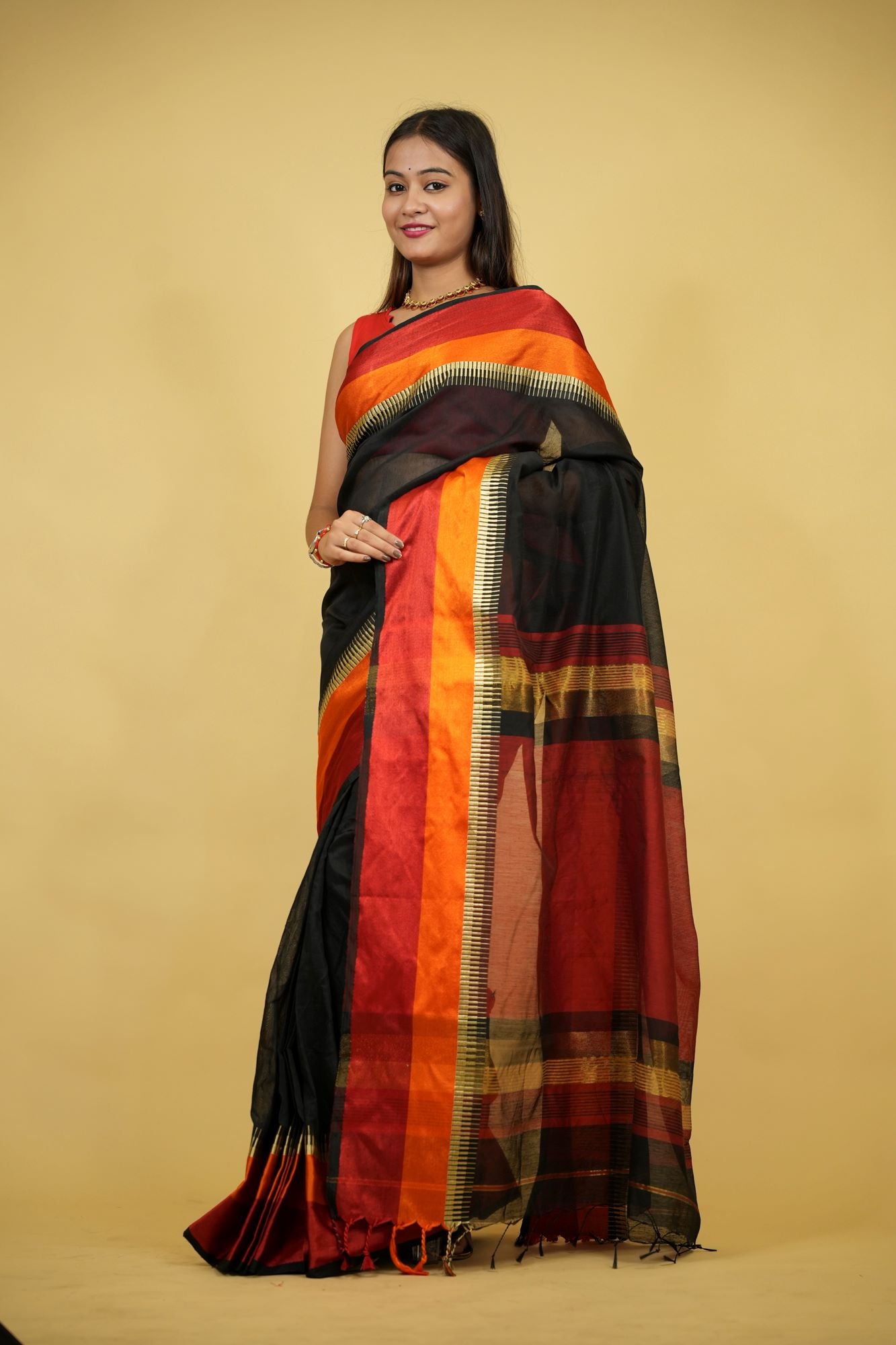 Cotton Silk with Rich Striped Pallu & Dual-Tone Contrast Border Ready To Wear Saree