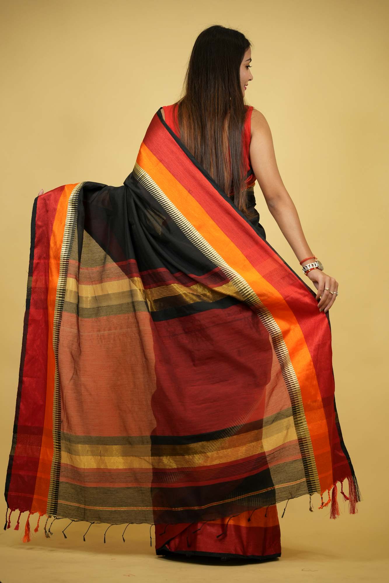 Cotton Silk with Rich Striped Pallu & Dual-Tone Contrast Border Ready To Wear Saree