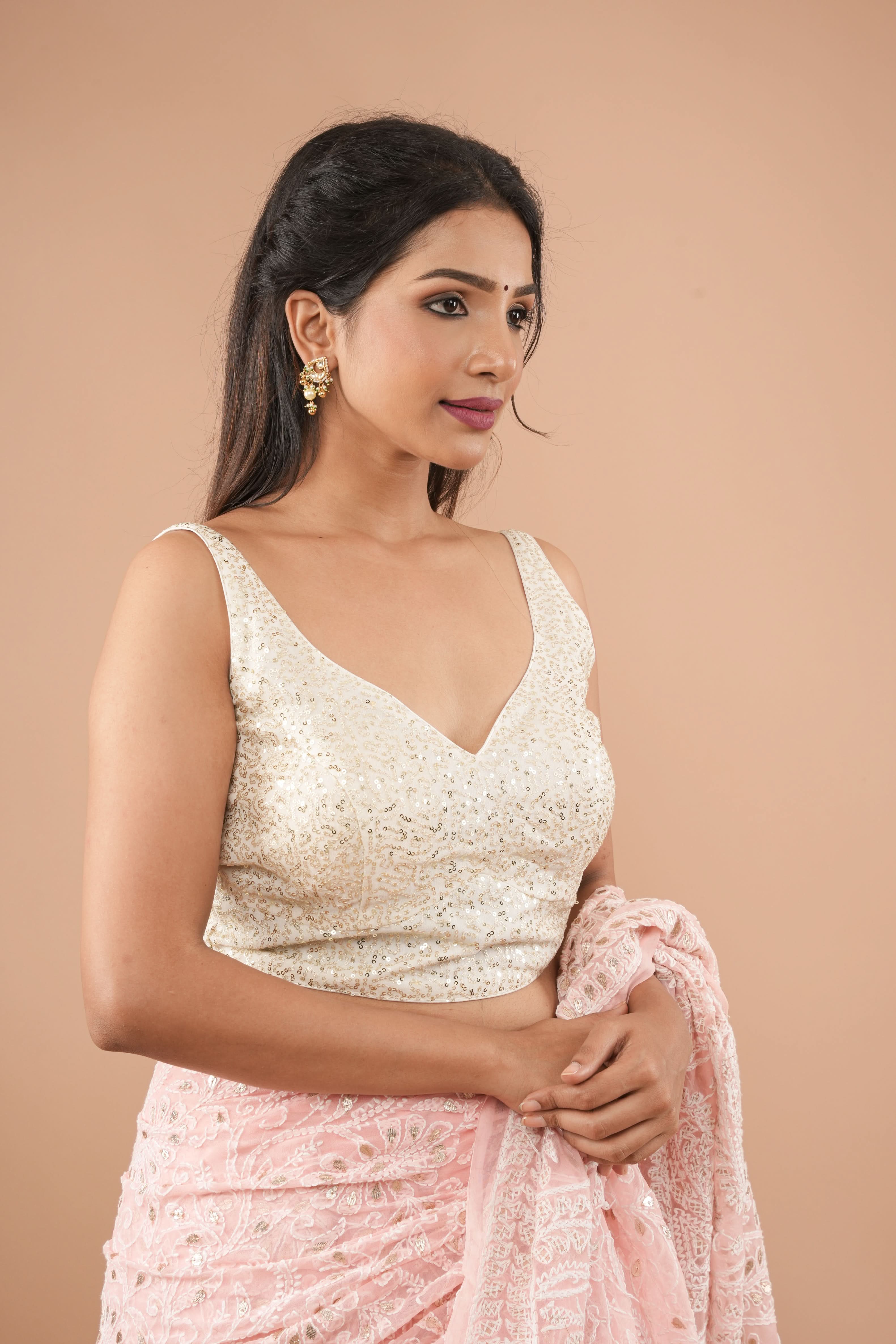 Dainty sequin on net sleeveless blouse with deep leaf neck, Made to Order | Shobitam