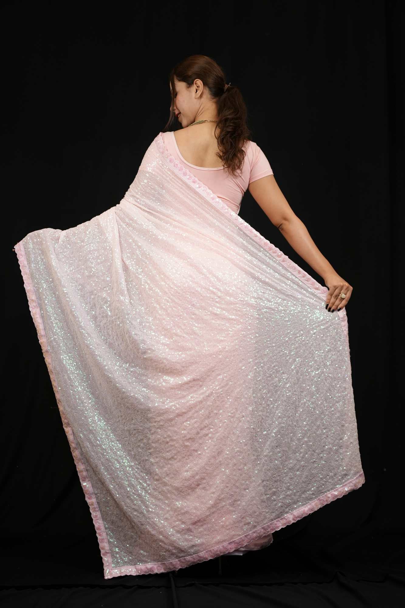 Bollywood celebrity inspired Pink Georgette with Glam Sequin Work Ready To Wear Saree