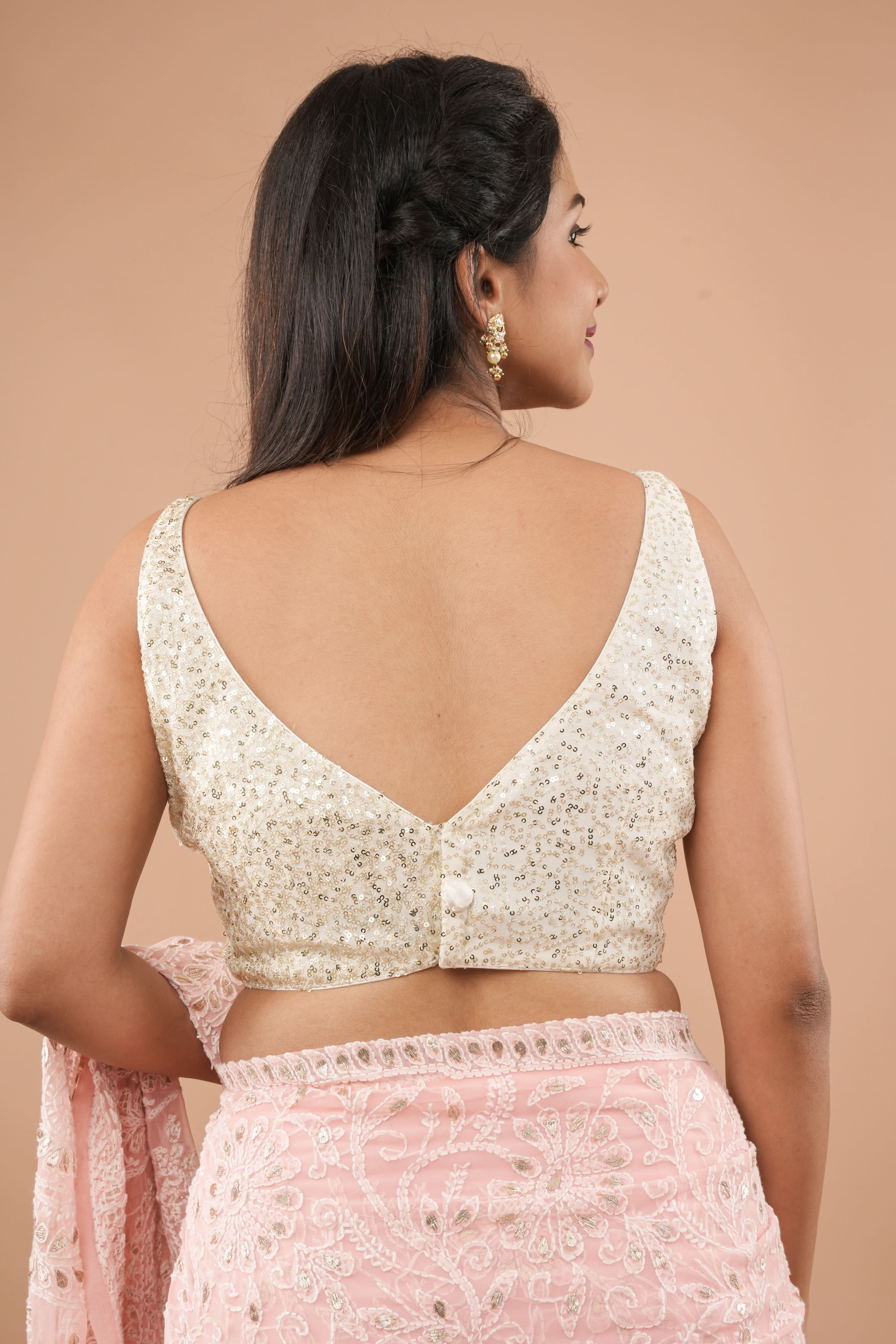 Dainty sequin on net sleeveless blouse with deep leaf neck, Made to Order | Shobitam