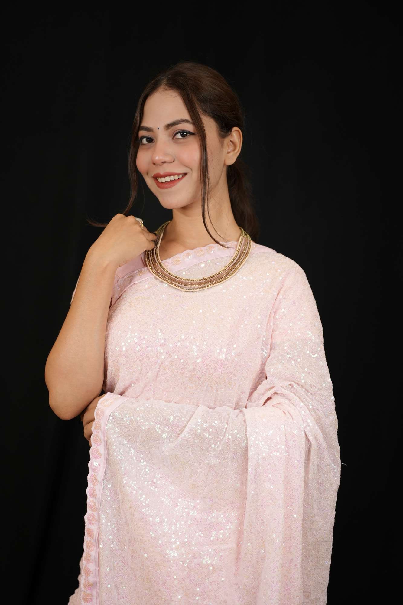 Bollywood celebrity inspired Pink Georgette with Glam Sequin Work Ready To Wear Saree