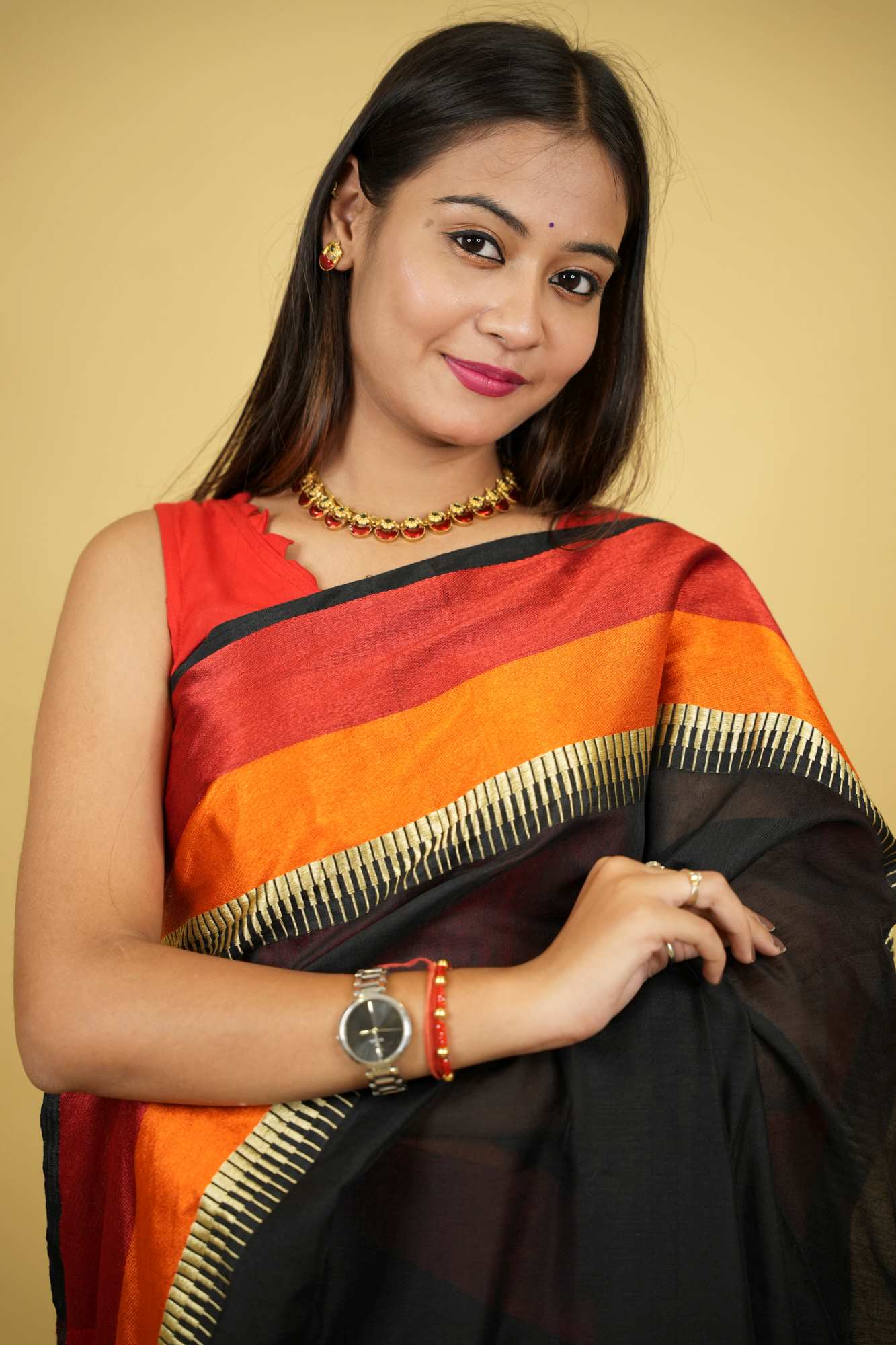 Cotton Silk with Rich Striped Pallu & Dual-Tone Contrast Border Ready To Wear Saree