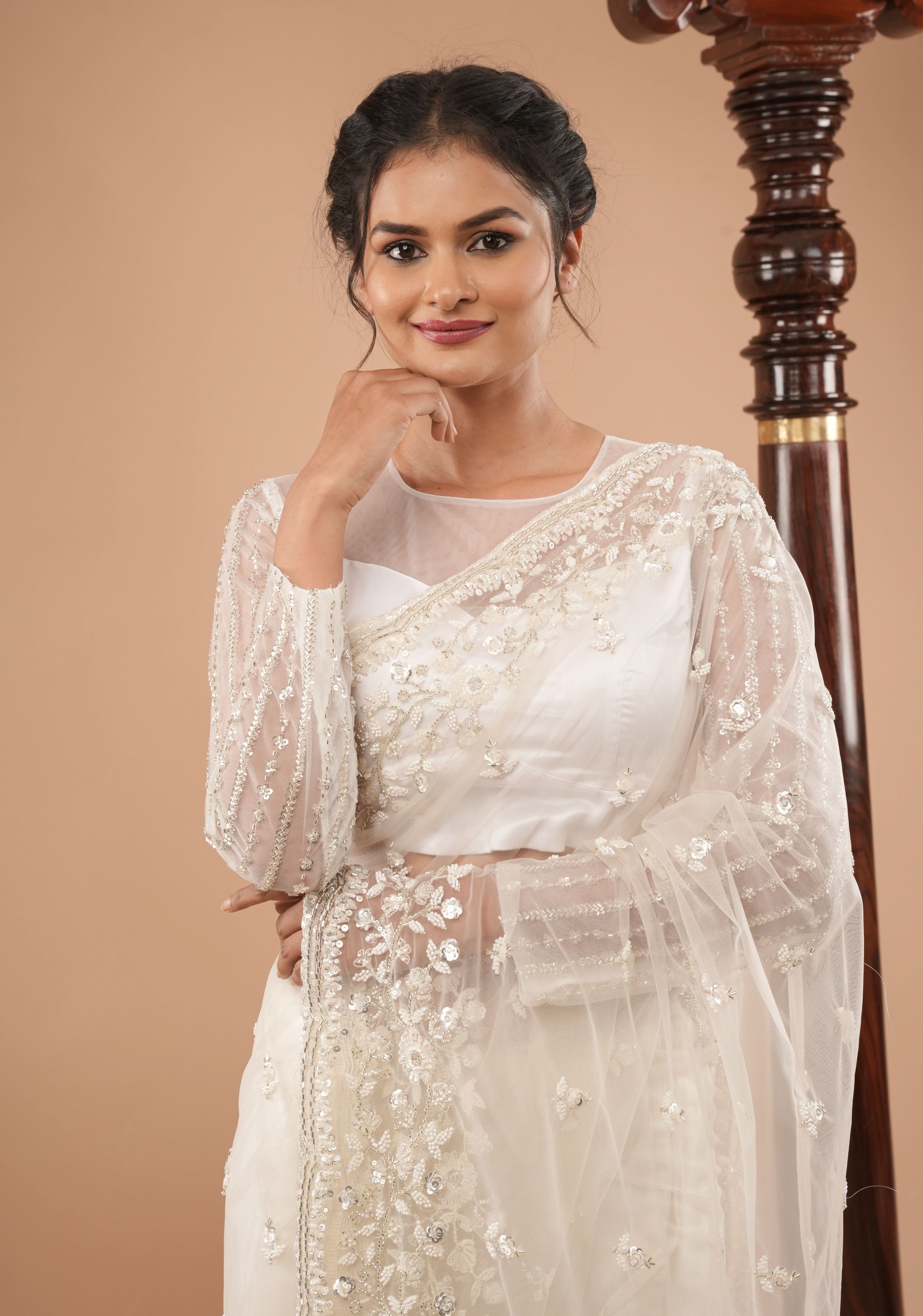 White net sheer yoke blouse with cutdana full sleeves, Made to Order