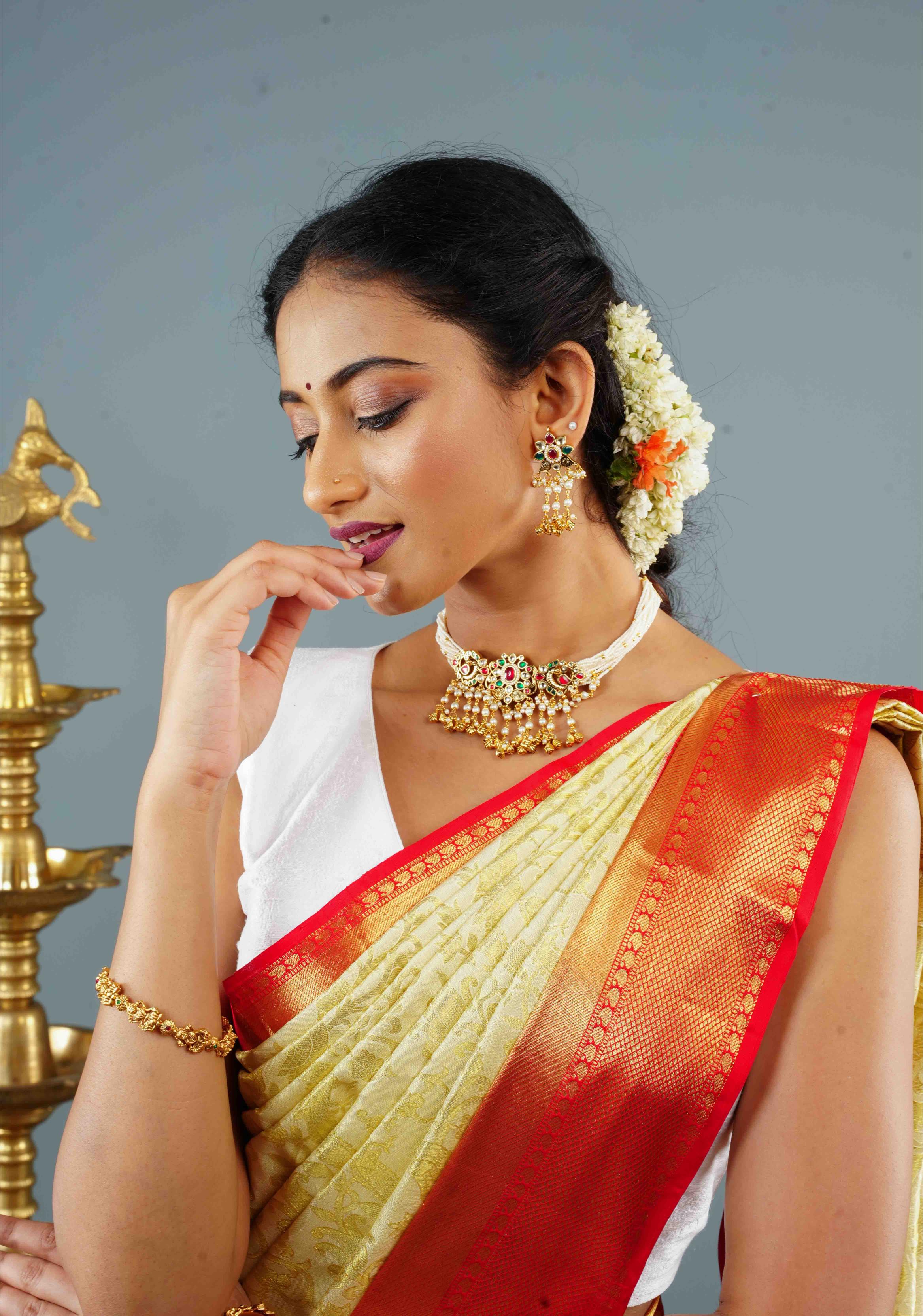 White Ahmedabadi kundan multistrand necklace set with dangling pearl | Shobitam Jewelry
