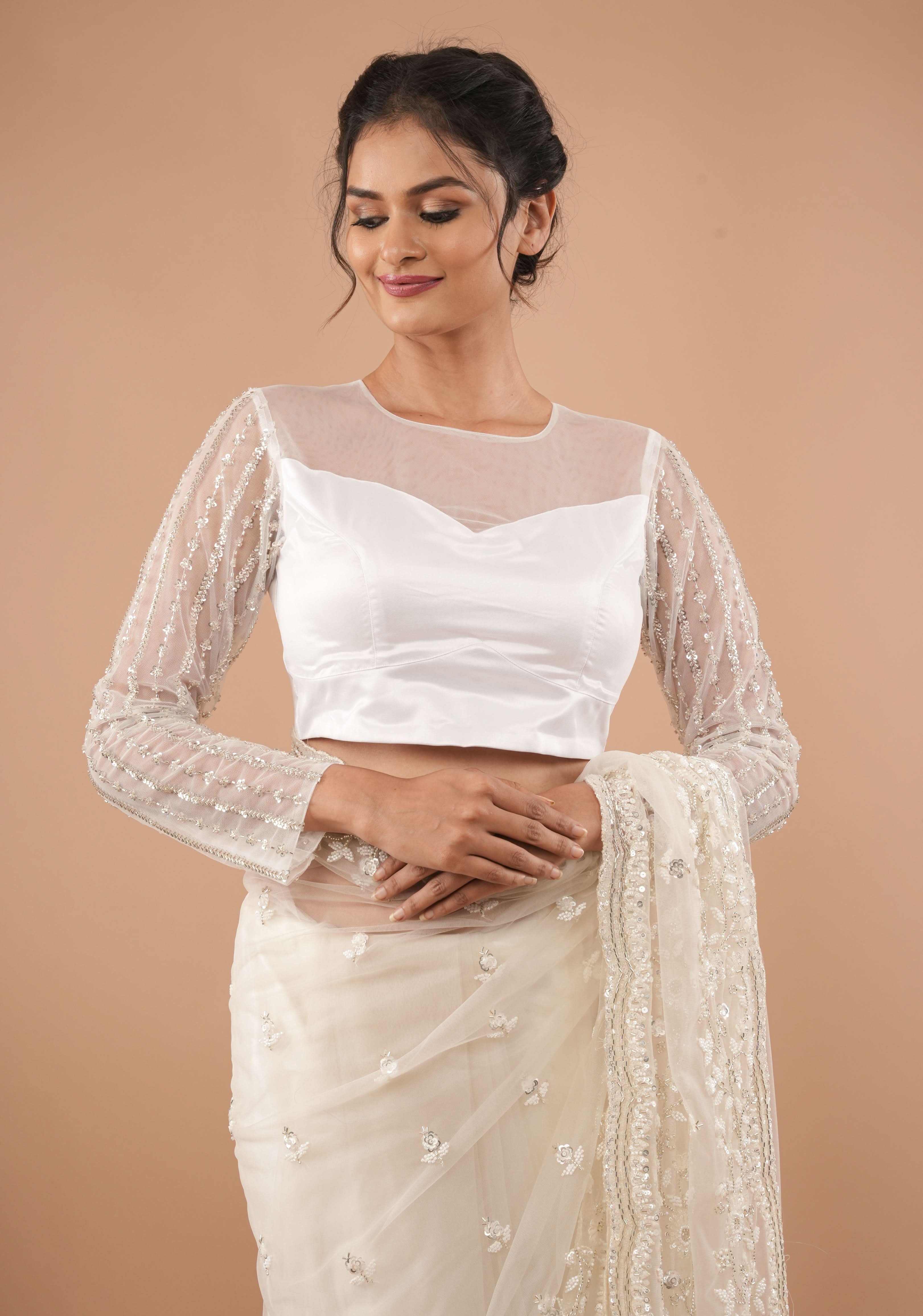 White net sheer yoke blouse with cutdana full sleeves, Made to Order