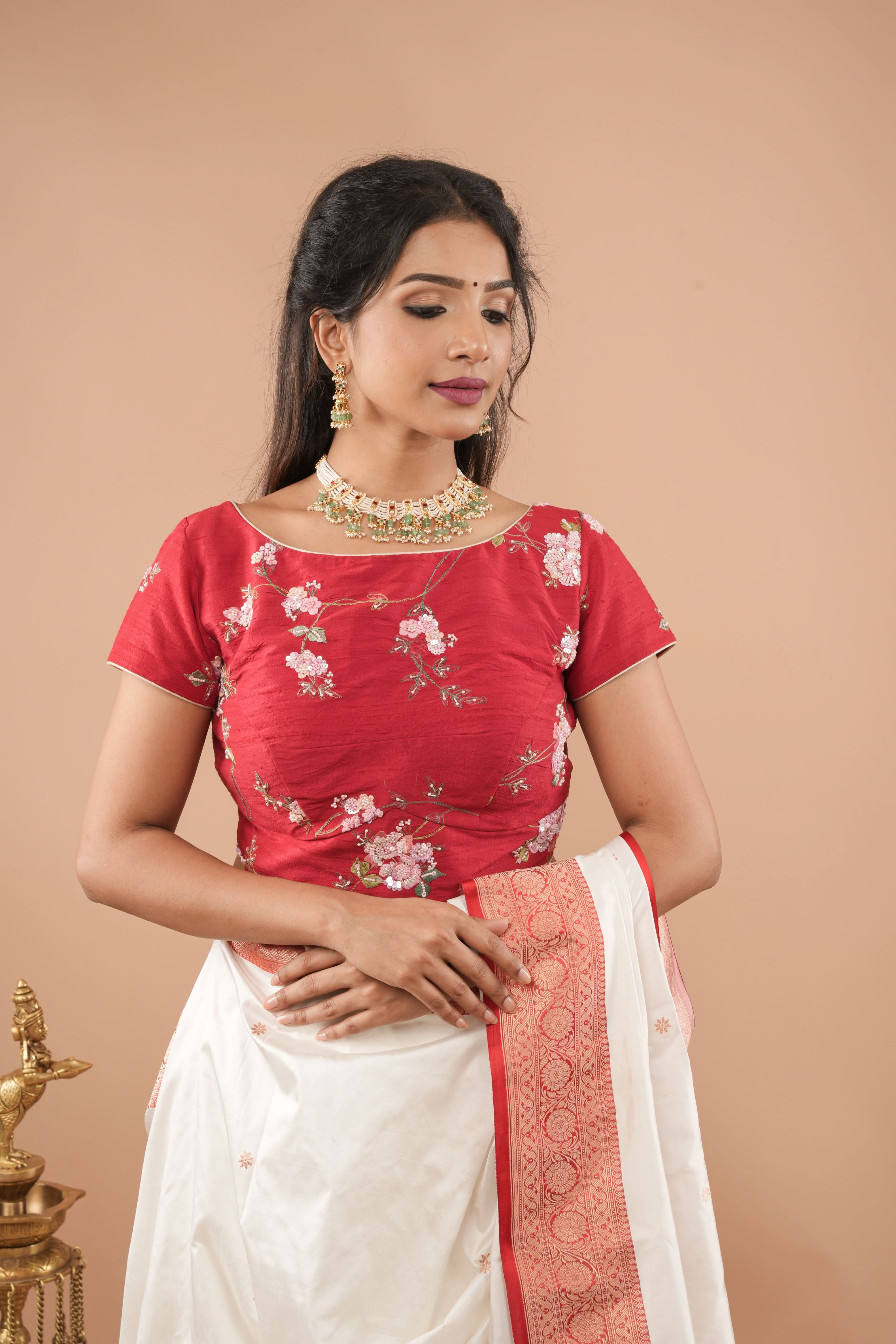 Blood Red Pure Raw Silk Blouse with Floral Embroidery and Moti Jaal | Made to Order | Shobitam