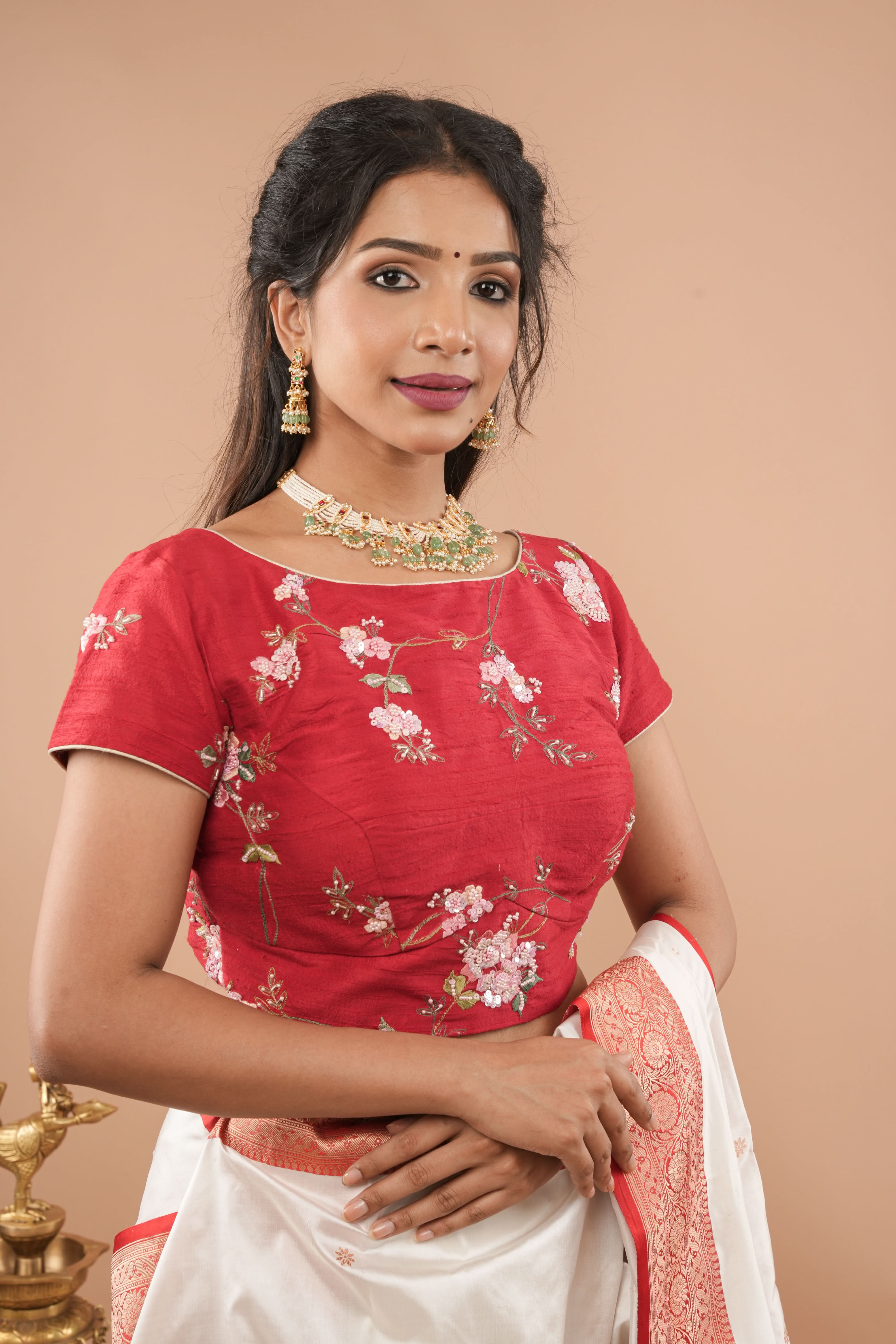 Blood Red Pure Raw Silk Blouse with Floral Embroidery and Moti Jaal | Made to Order | Shobitam