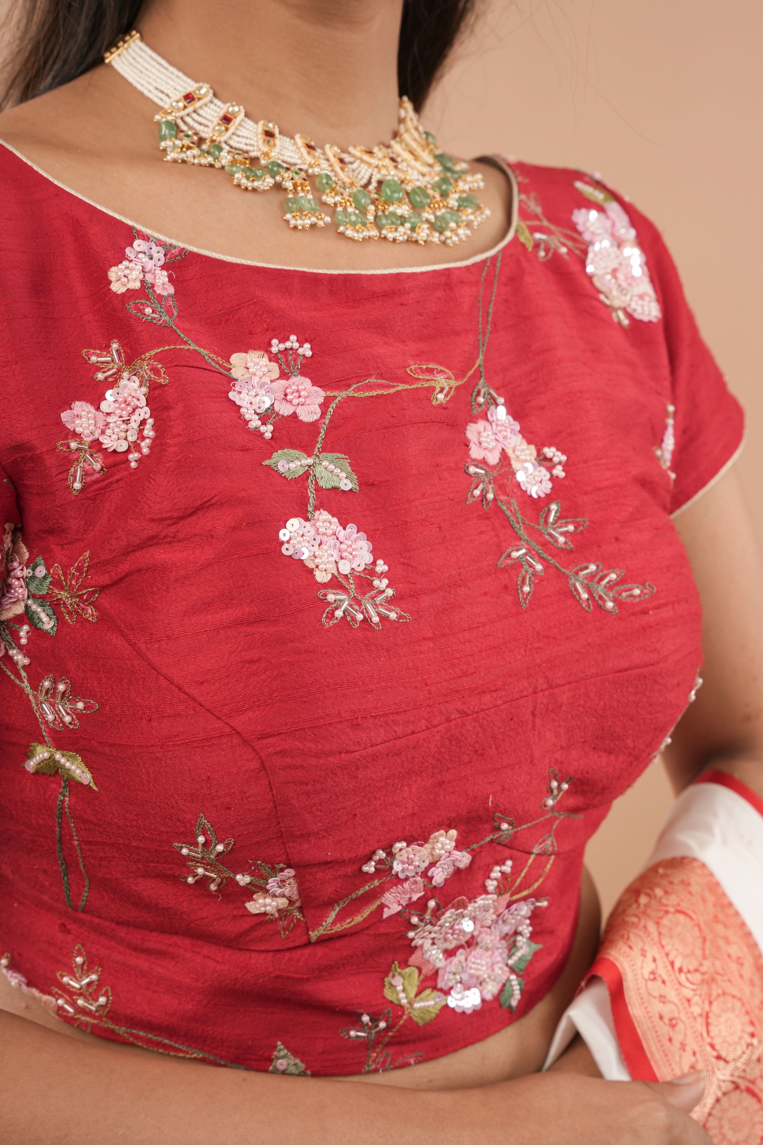 Blood Red Pure Raw Silk Blouse with Floral Embroidery and Moti Jaal | Made to Order | Shobitam