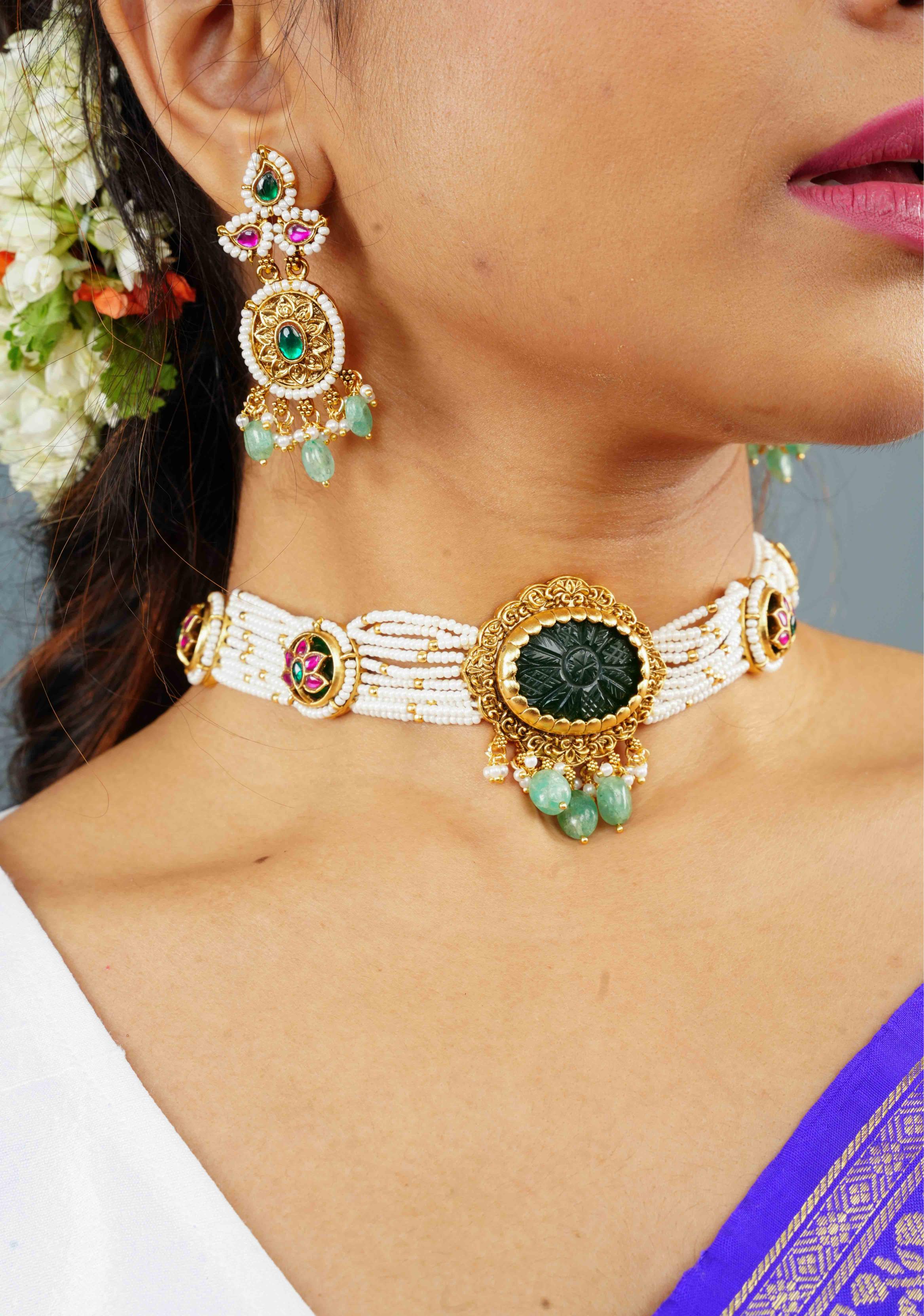 Antique Jadu Choker Set With Green Carved Stone | Shobitam Jewelry