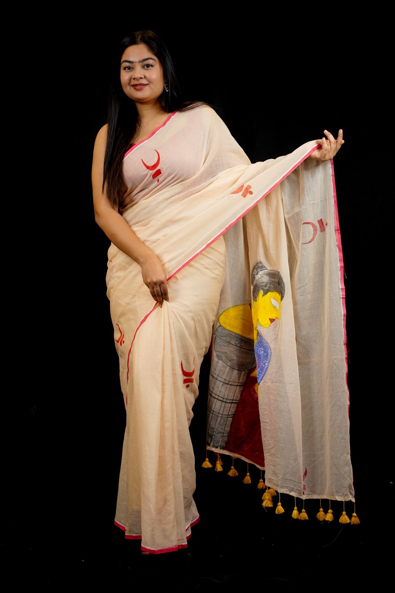 Hand-Painted Mulmul Cotton with Traditional Art Design Ready To Wear Saree