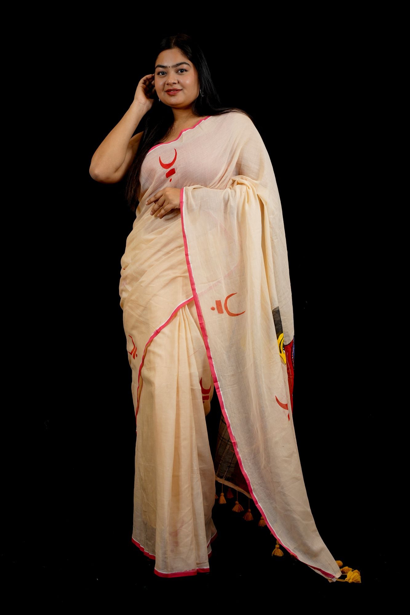 Hand-Painted Mulmul Cotton with Traditional Art Design Ready To Wear Saree