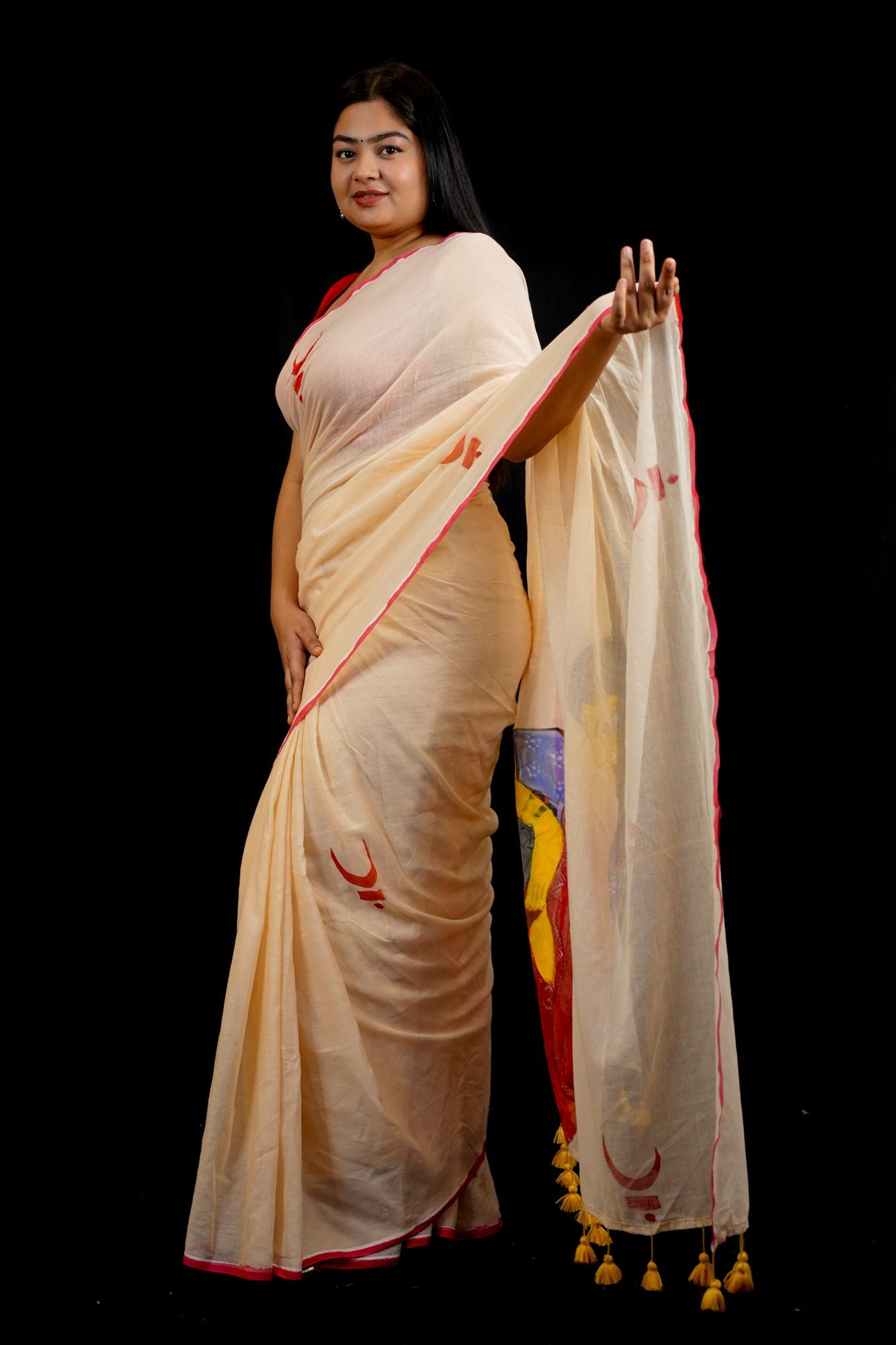 Hand-Painted Mulmul Cotton with Traditional Art Design Ready To Wear Saree