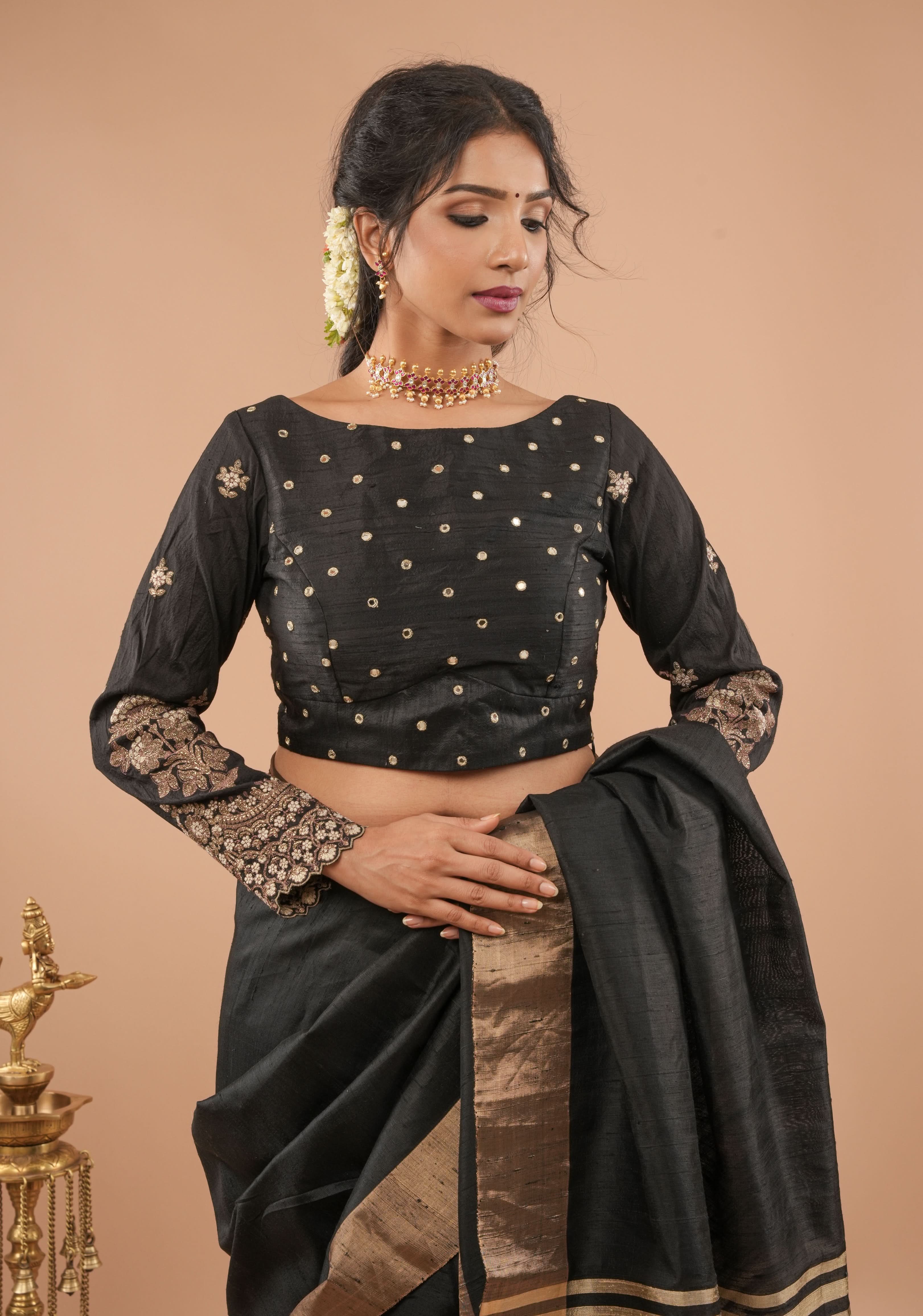 Black pure raw silk blouse with full sleeves, mirror and embroidery, v shape sheer back, Made to Order | Shobitam