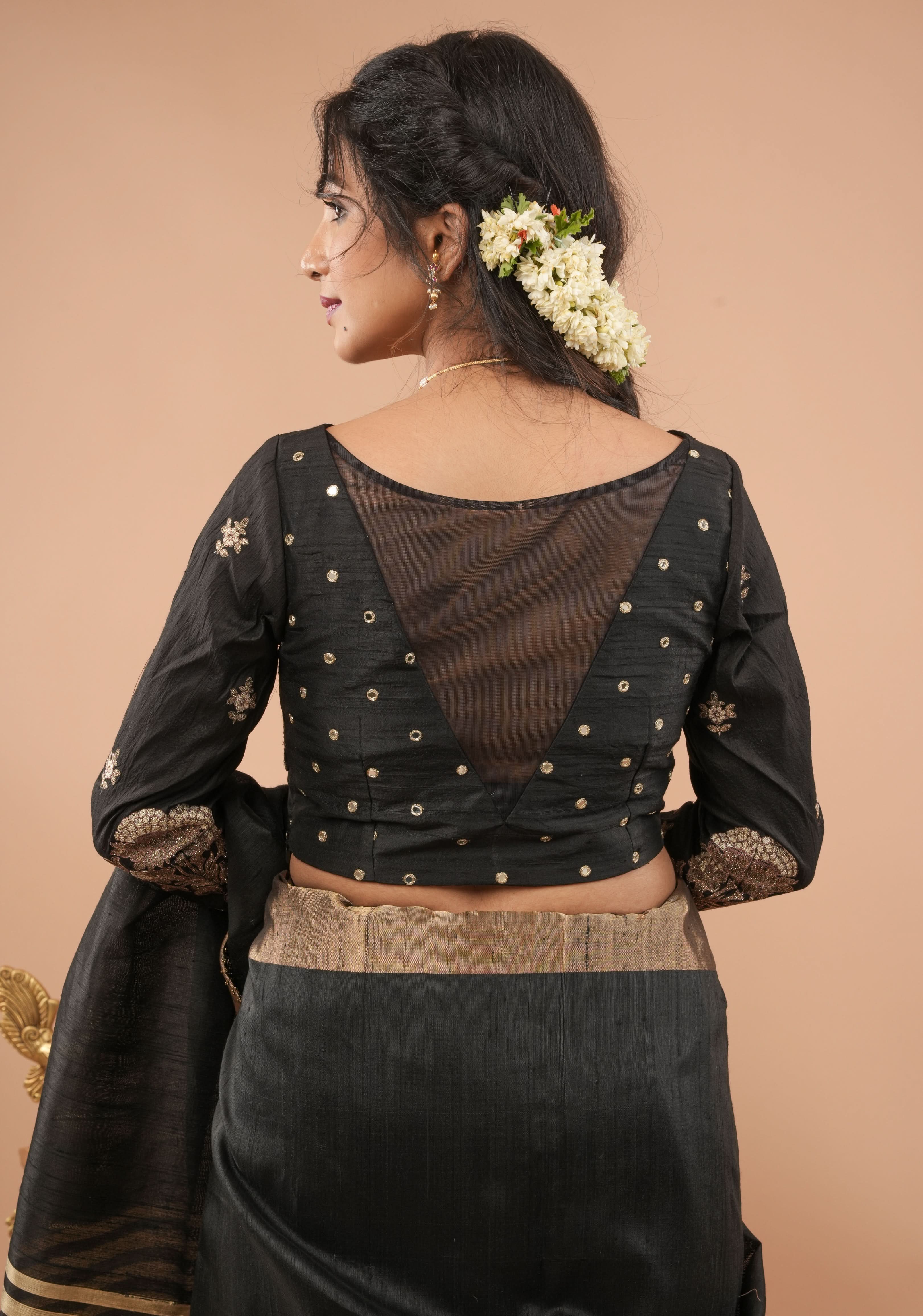 Black pure raw silk blouse with full sleeves, mirror and embroidery, v shape sheer back, Made to Order | Shobitam