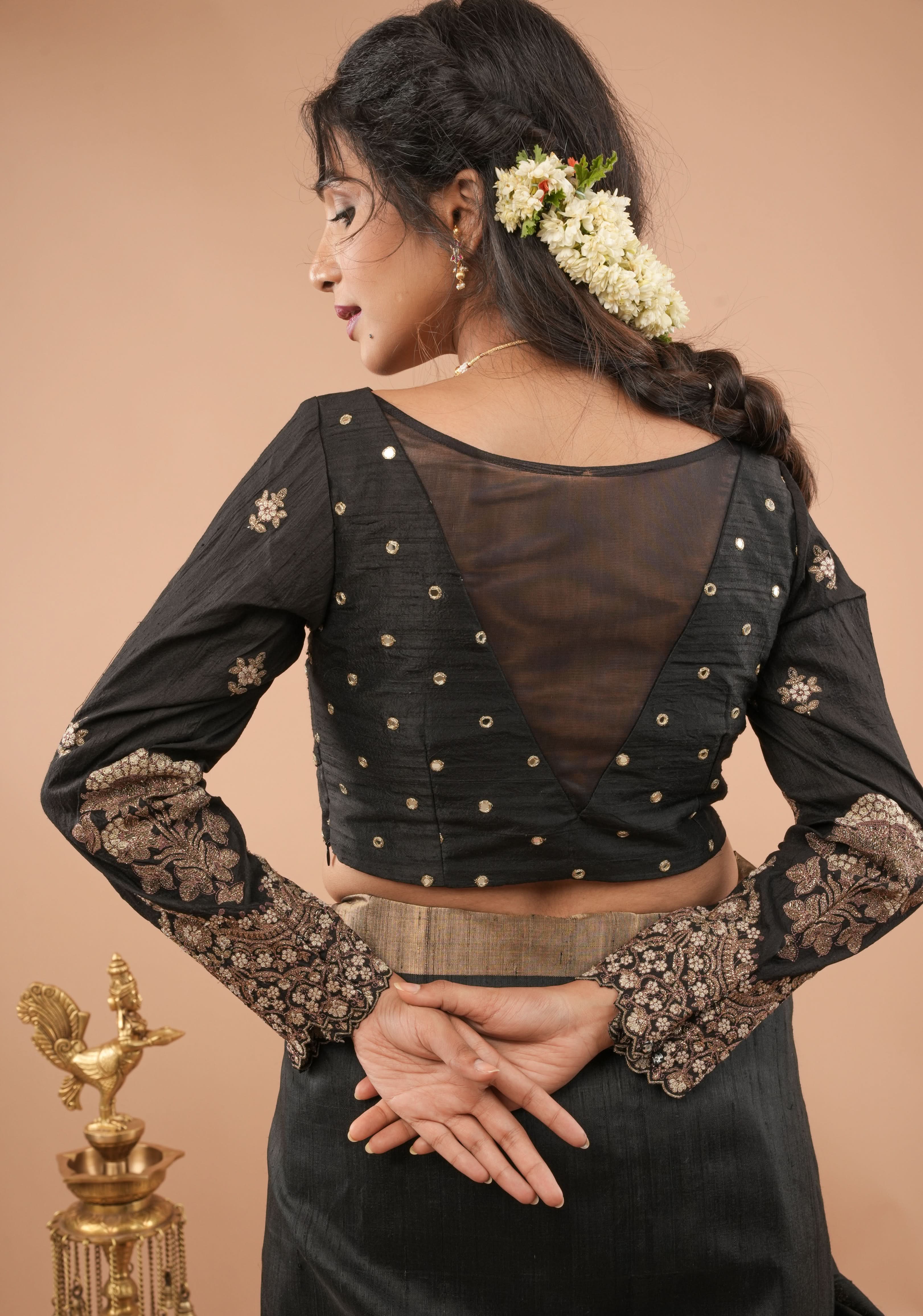 Black pure raw silk blouse with full sleeves, mirror and embroidery, v shape sheer back, Made to Order | Shobitam