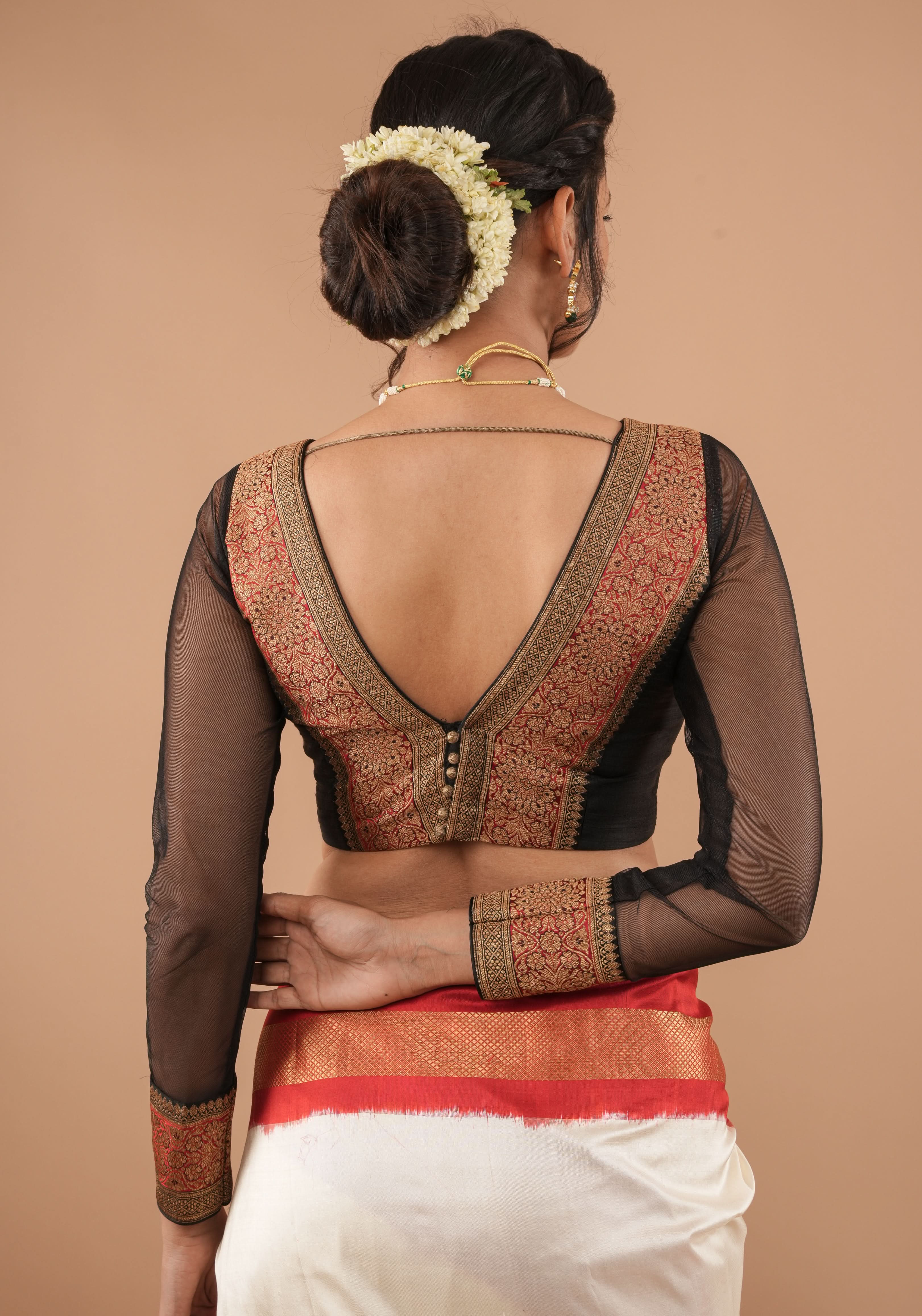 Black red and antique gold plunge neck sheer sleeve blouse, Customizable, Made to Order | Shobitam