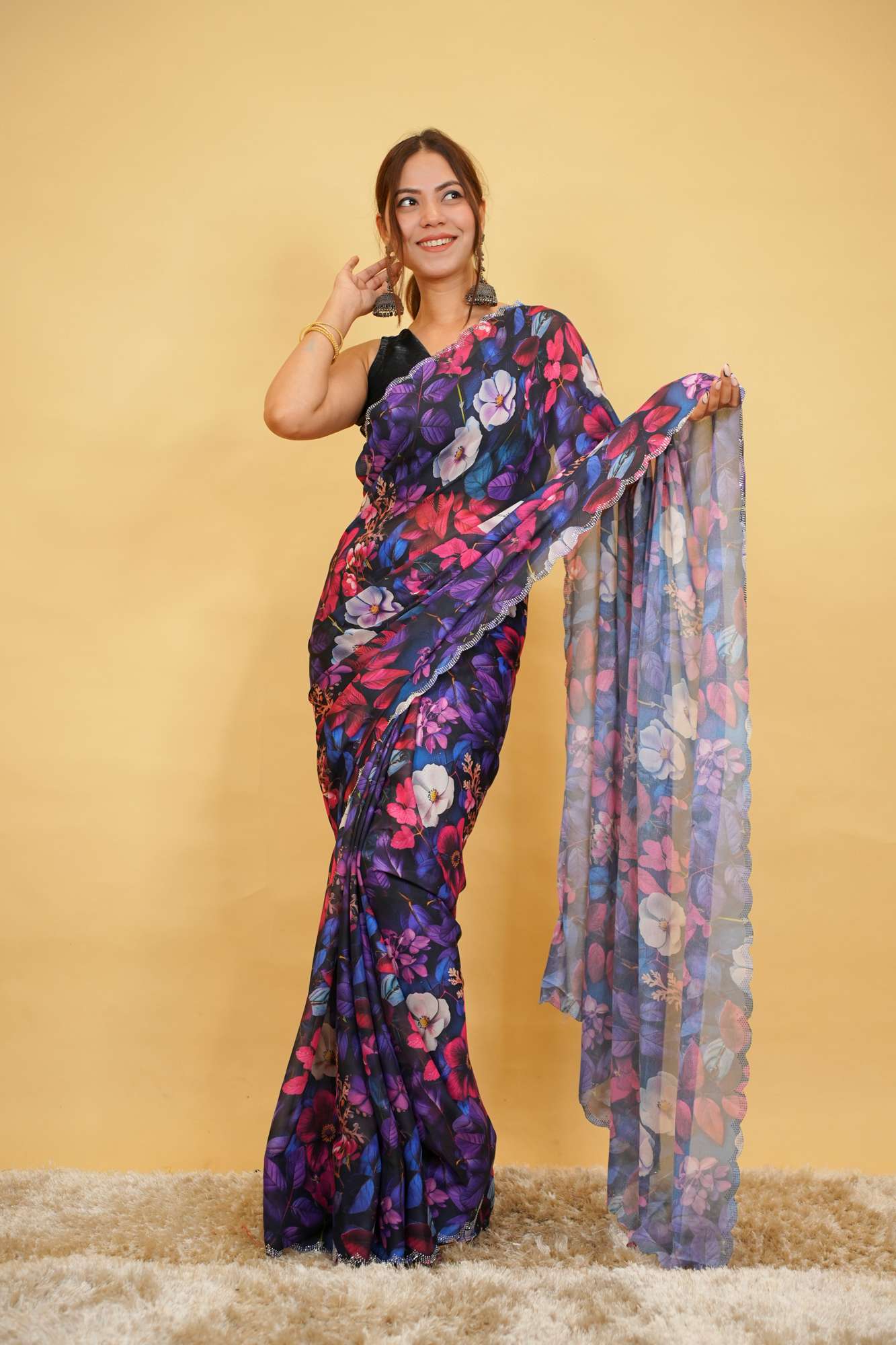 Chiffon Digital Floral Printed with Scalloped Embellished Border Ready To Wear Saree