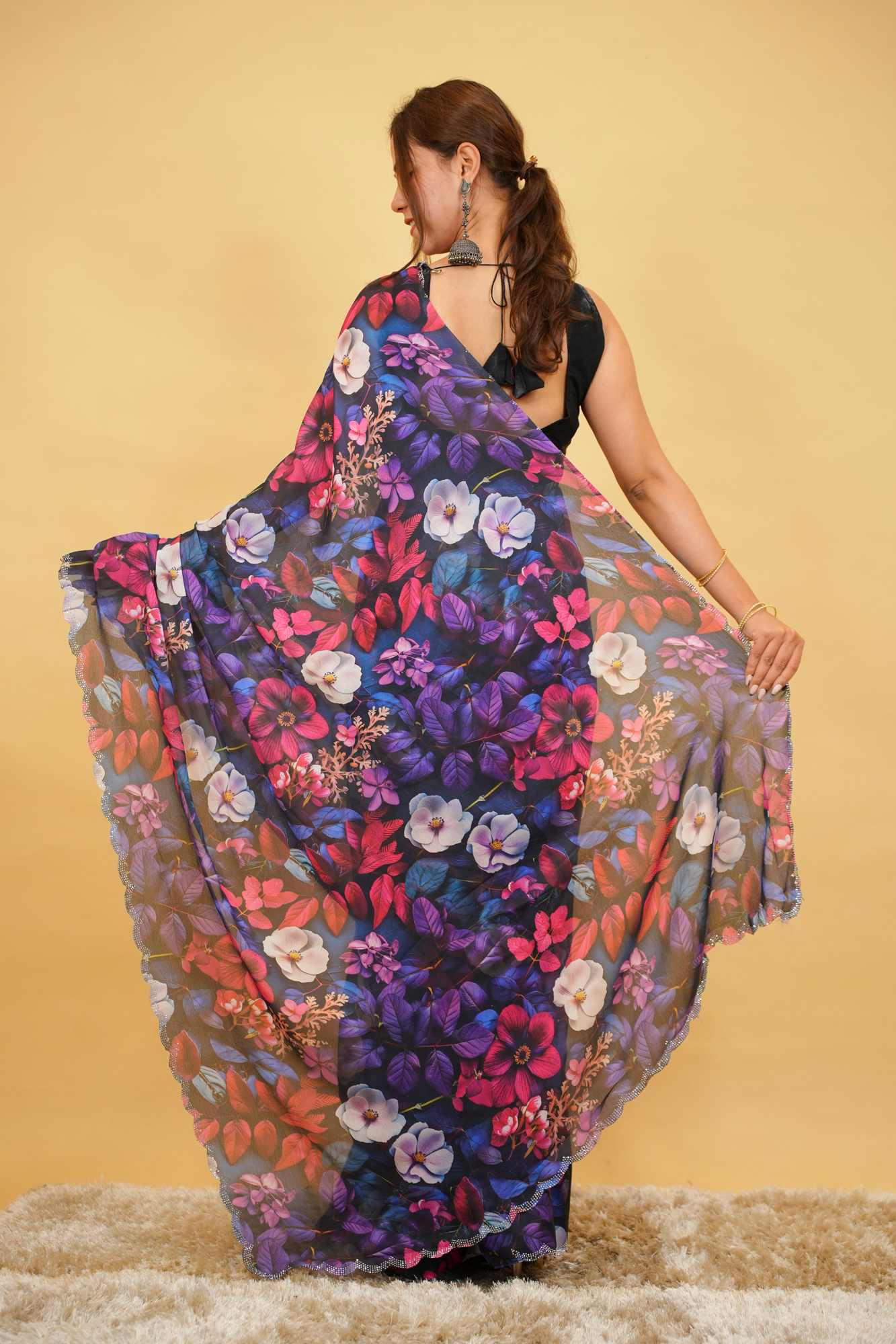 Chiffon Digital Floral Printed with Scalloped Embellished Border Ready To Wear Saree