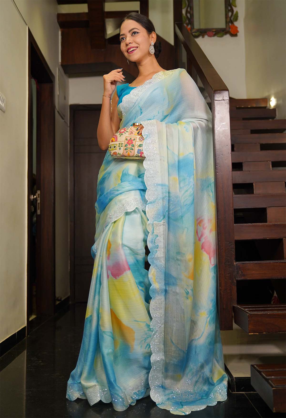 Prepleated Sky Blue Shibori combination with beads embellished  and Scalloped  border wrap in one minute saree