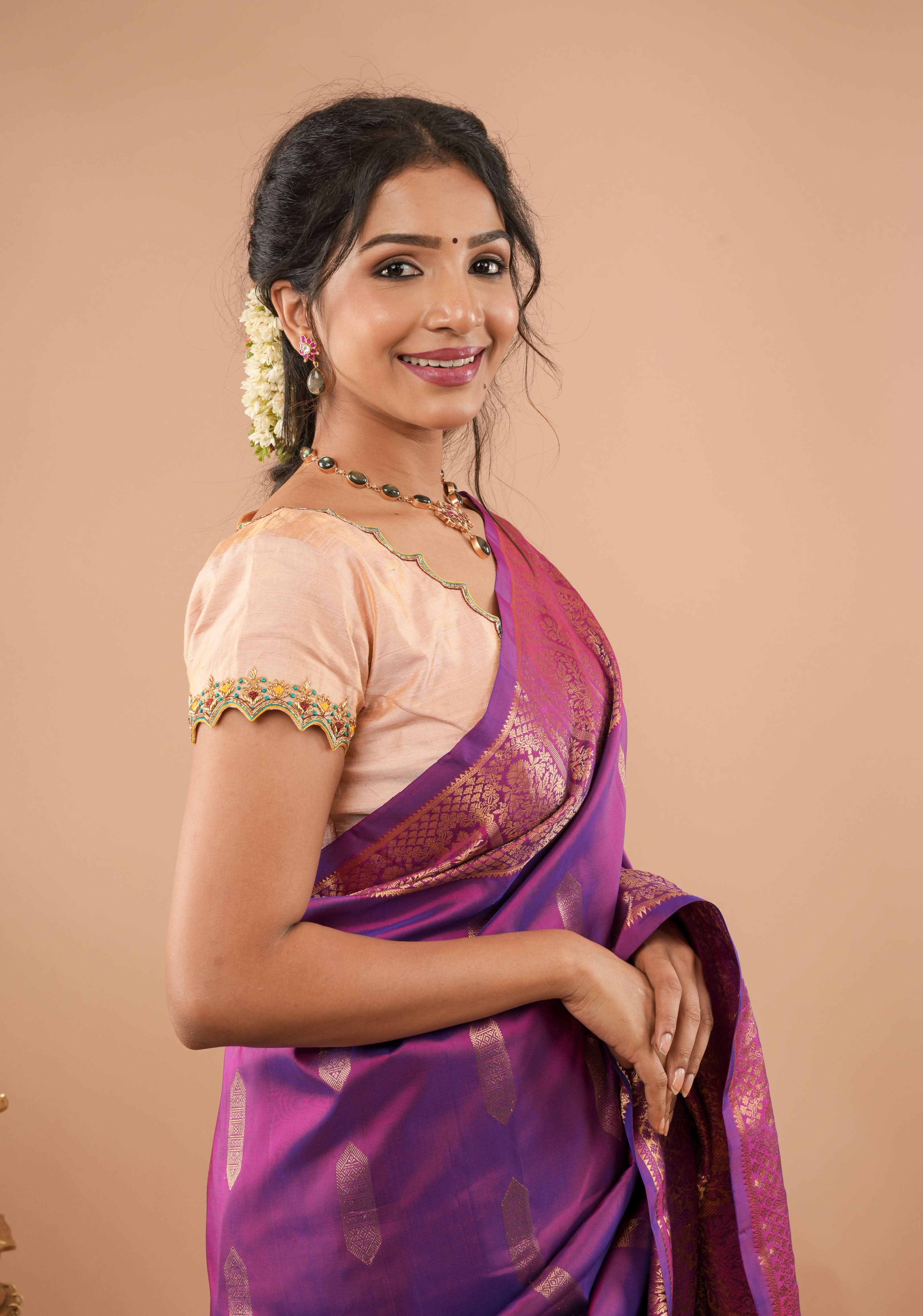 BLOUSE : Sandalwood Pure Tissue Raw Silk Blouse with scalloped hand embroidery, Customizable, Made to Order | Shobitam