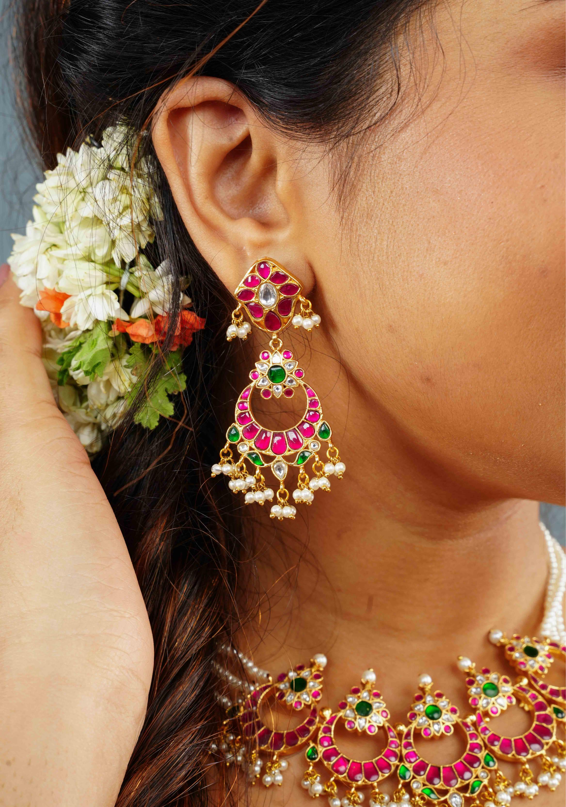 Ahmedabadi kundan Chand Jadau Necklace and Earrings Set | SHOBITAM