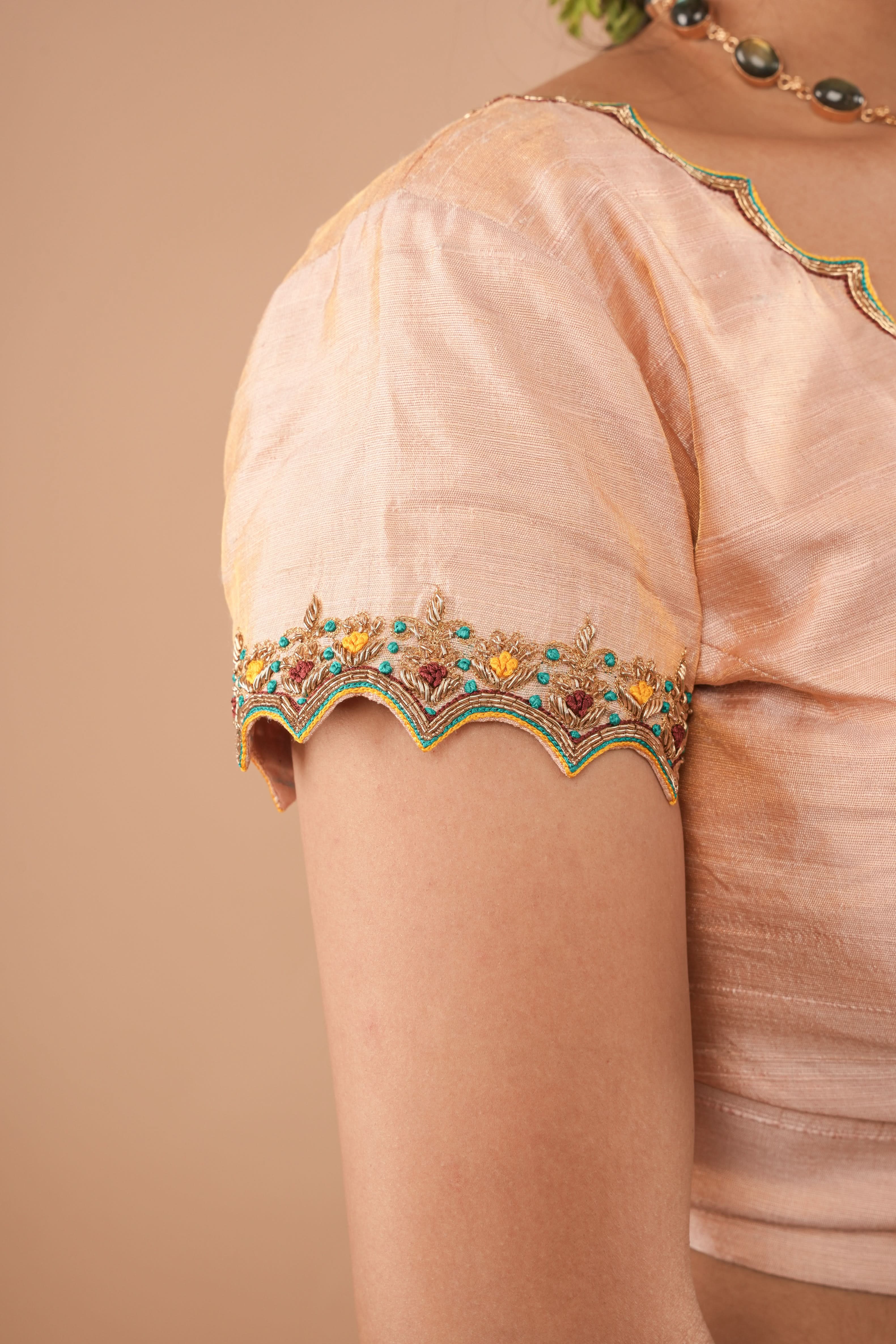 BLOUSE : Sandalwood Pure Tissue Raw Silk Blouse with scalloped hand embroidery, Customizable, Made to Order | Shobitam